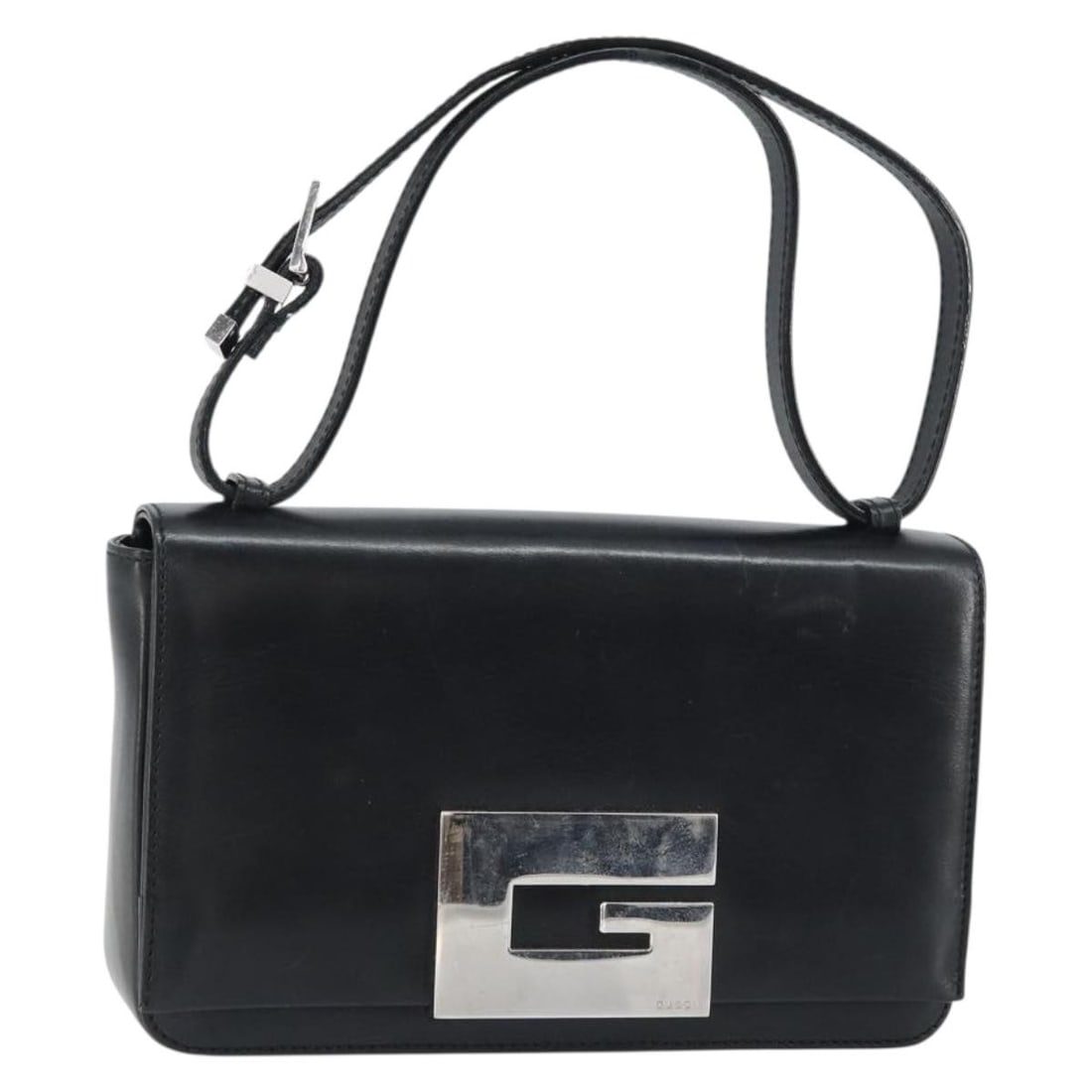 Gucci 001 3111 Black Leather Shoulder Bag Silver Hardware Italy: Gucci 001 3111 Black Leather Shoulder Bag Silver Hardware Italy This is a GUCCI shoulder bag crafted from black leather with silver-tone accents. The bag features a compact design with approximate dim