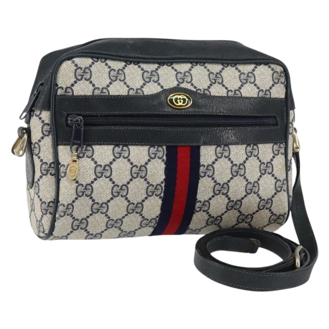 GUCCI GG Supreme Sherry Shoulder Bag PVC Leather Navy Gold 56 02 004 Auth: GUCCI GG Supreme Sherry Shoulder Bag PVC Leather Navy Gold 56 02 004 Auth Elevate your style with this GUCCI GG Supreme Sherry Line Shoulder Bag, crafted from durable PVC leather in a striking navy an