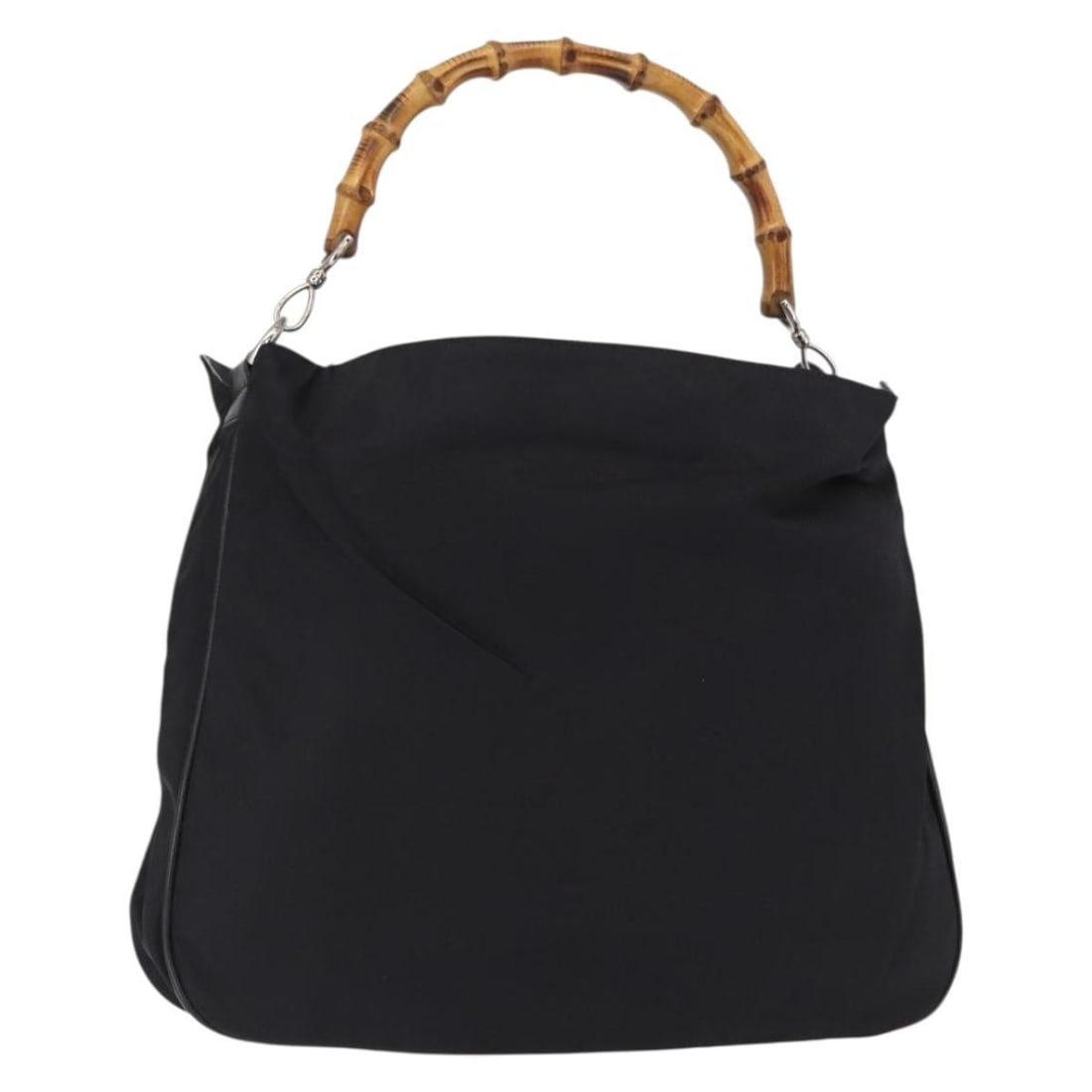 GUCCI Bamboo Shoulder Bag Black Silver Canvas Authentic 001 1014 1577 5: GUCCI Bamboo Shoulder Bag Black Silver Canvas Authentic 001 1014 1577 5 This authentic GUCCI Bamboo Shoulder Bag is a stylish accessory crafted from durable black canvas with silver accents. Designed