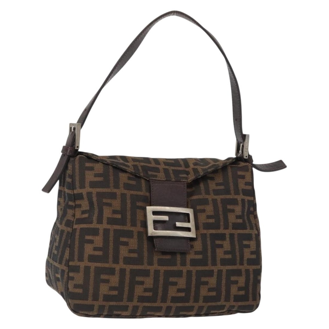 FENDI Zucca Canvas Mamma Baguette Shoulder Bag Black Brown Silver Auth (1 of 18)