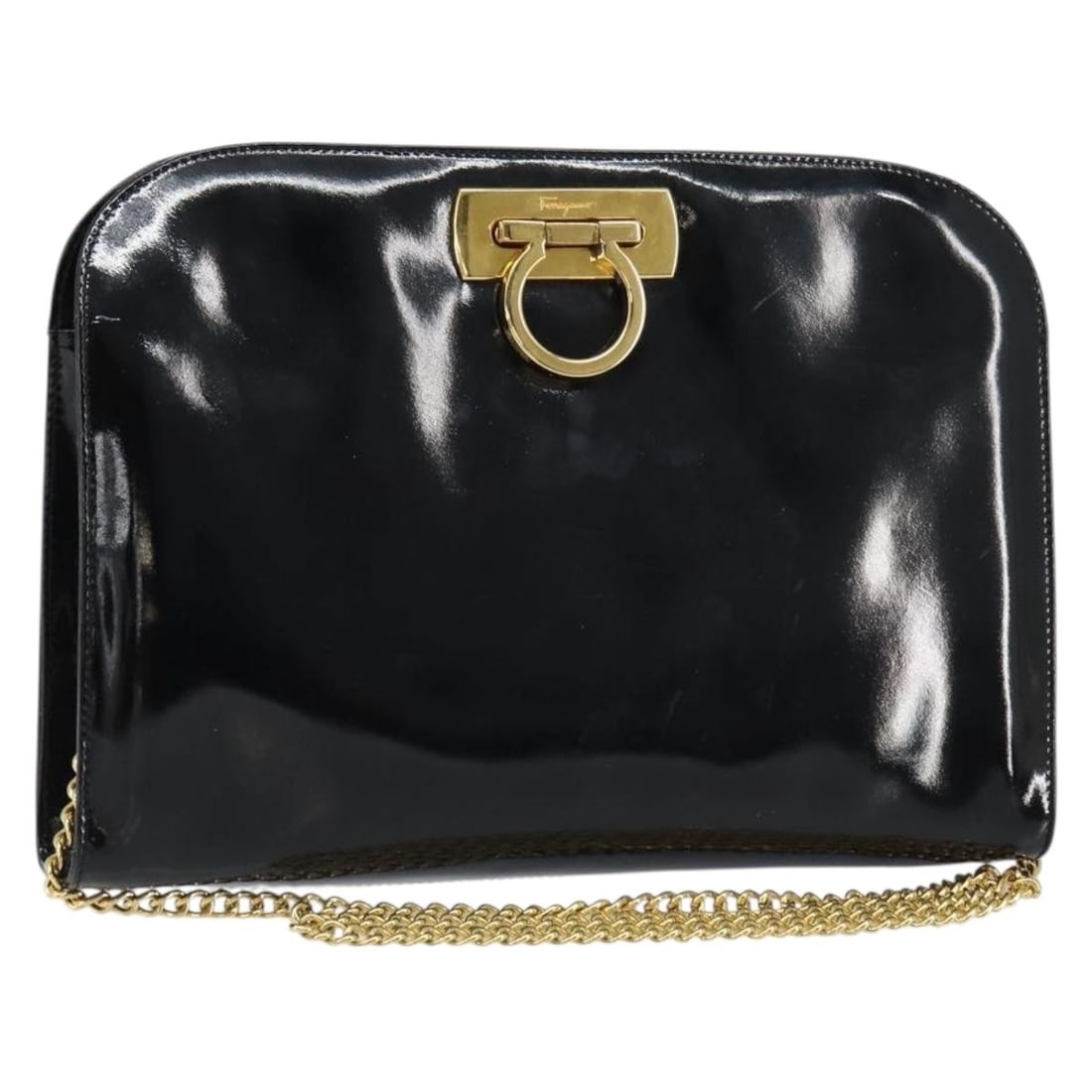 Salvatore Ferragamo Black Gold Enamel Chain Shoulder Bag Auth 157615: Salvatore Ferragamo Black Gold Enamel Chain Shoulder Bag Auth 157615 This Salvatore Ferragamo Chain Gancini Shoulder Bag is a stunning blend of elegance and practicality. Crafted in Italy, this should