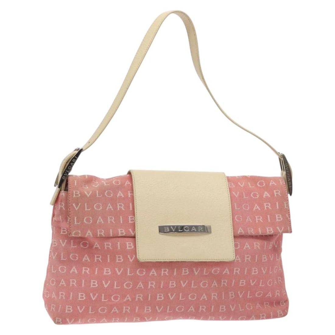 BVLGARI Logo Mania Pink Silver Canvas Shoulder Bag BA3169 Made in Italy: BVLGARI Logo Mania Pink Silver Canvas Shoulder Bag BA3169 Made in Italy Elevate your accessory game with this BVLGARI Logo Mania Shoulder Bag, a stunning blend of style and functionality. Crafted in I