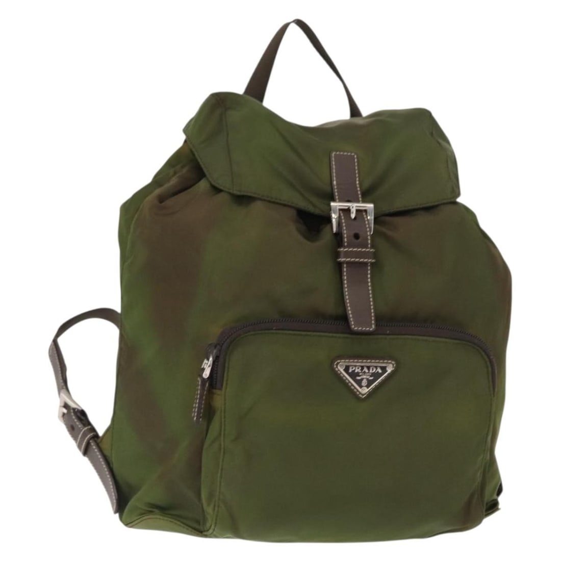 PRADA Khaki Silver Nylon Backpack Authentic Italy ti3504: PRADA Khaki Silver Nylon Backpack Authentic Italy ti3504 This authentic PRADA backpack is crafted from durable khaki nylon with silver accents, embodying a stylish yet practical design. Measuring appr