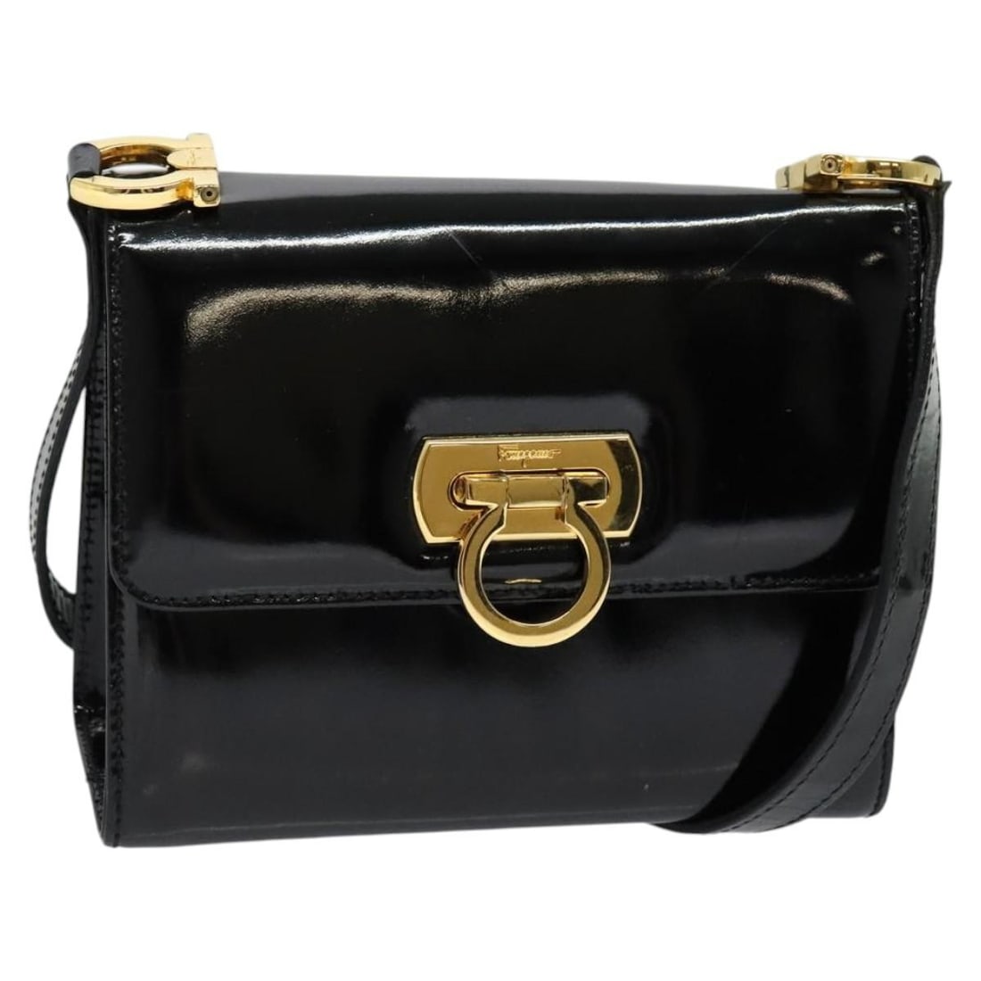 Salvatore Ferragamo Gancini Black Gold Enamel Shoulder Bag Auth BA2147 97 (1 of 18)
