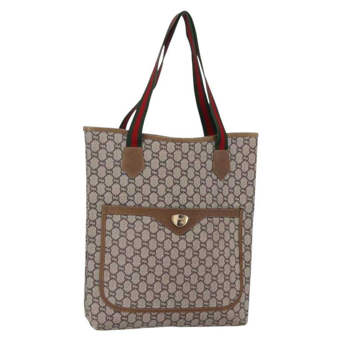 GUCCI GG Plus Supreme Tote Bag Beige Red Green PVC Authentic 148852: GUCCI GG Plus Supreme Tote Bag Beige Red Green PVC Authentic 148852 This GUCCI GG Plus Supreme Web Sherry Line Tote Bag is a stylish accessory crafted in Italy from durable GG Canvas. Featuring a chic