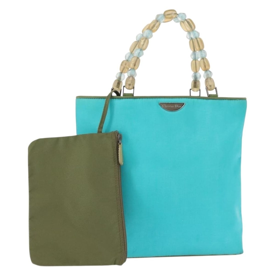 Christian Dior Maris Pearl Hand Bag Nylon Turquoise Blue Silver Authentic (1 of 18)