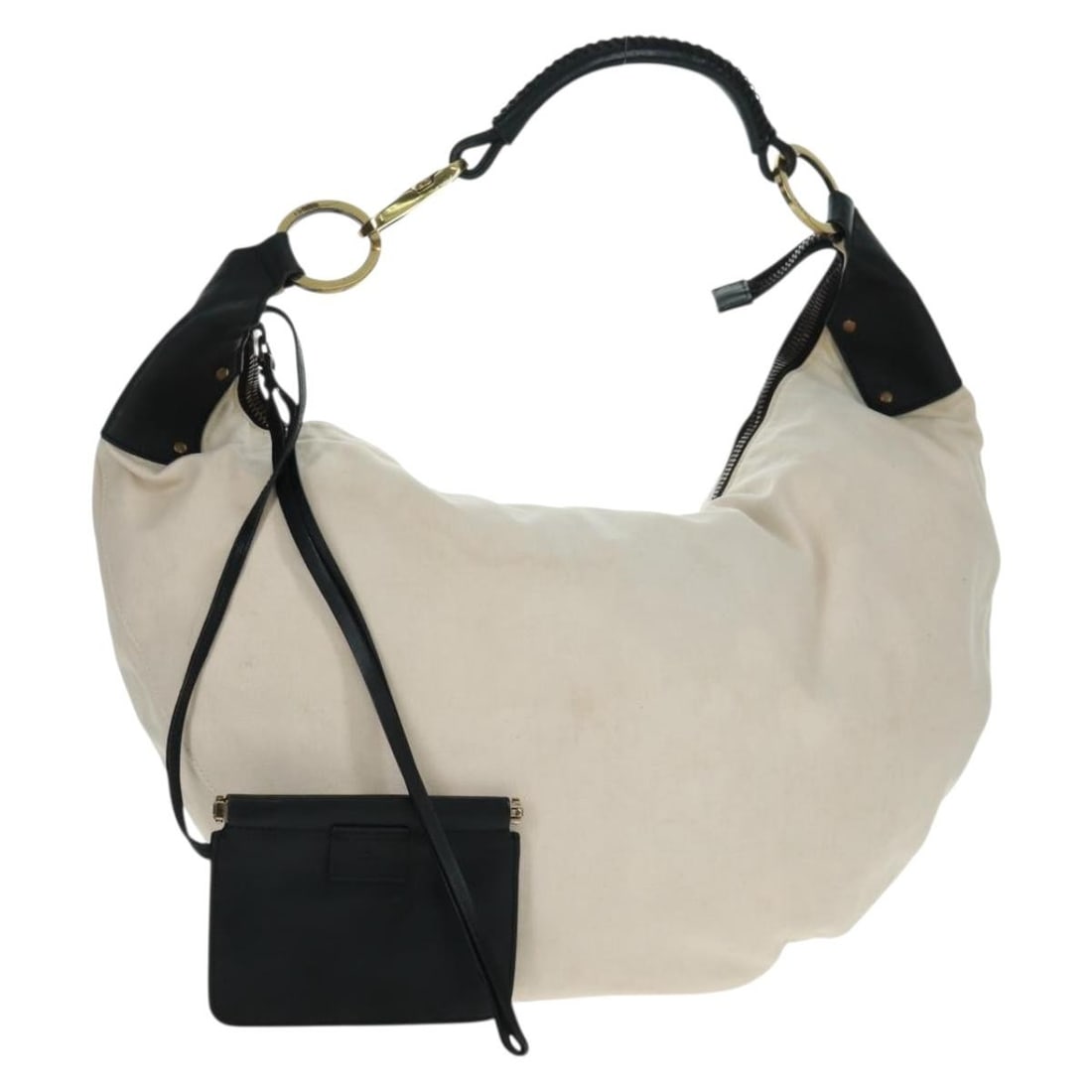 Gucci 95332 Ivory Canvas Shoulder Bag with Gold Accents and Pouch: Gucci 95332 Ivory Canvas Shoulder Bag with Gold Accents and Pouch This GUCCI shoulder bag features an ivory and gold canvas exterior with a matching detachable pouch. Designed in Italy, the bag provid