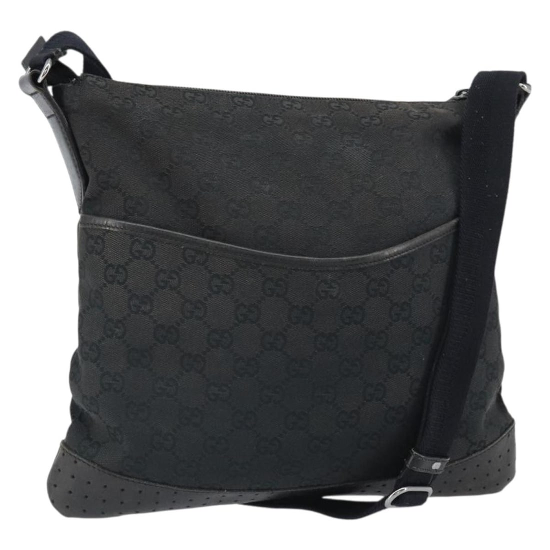 Black GG Canvas Shoulder Bag by Gucci with Silver Accents Model 145857: Black GG Canvas Shoulder Bag by Gucci with Silver Accents Model 145857 This GUCCI GG Canvas Shoulder Bag features a black and silver color scheme with the signature GG canvas exterior. The bag is made