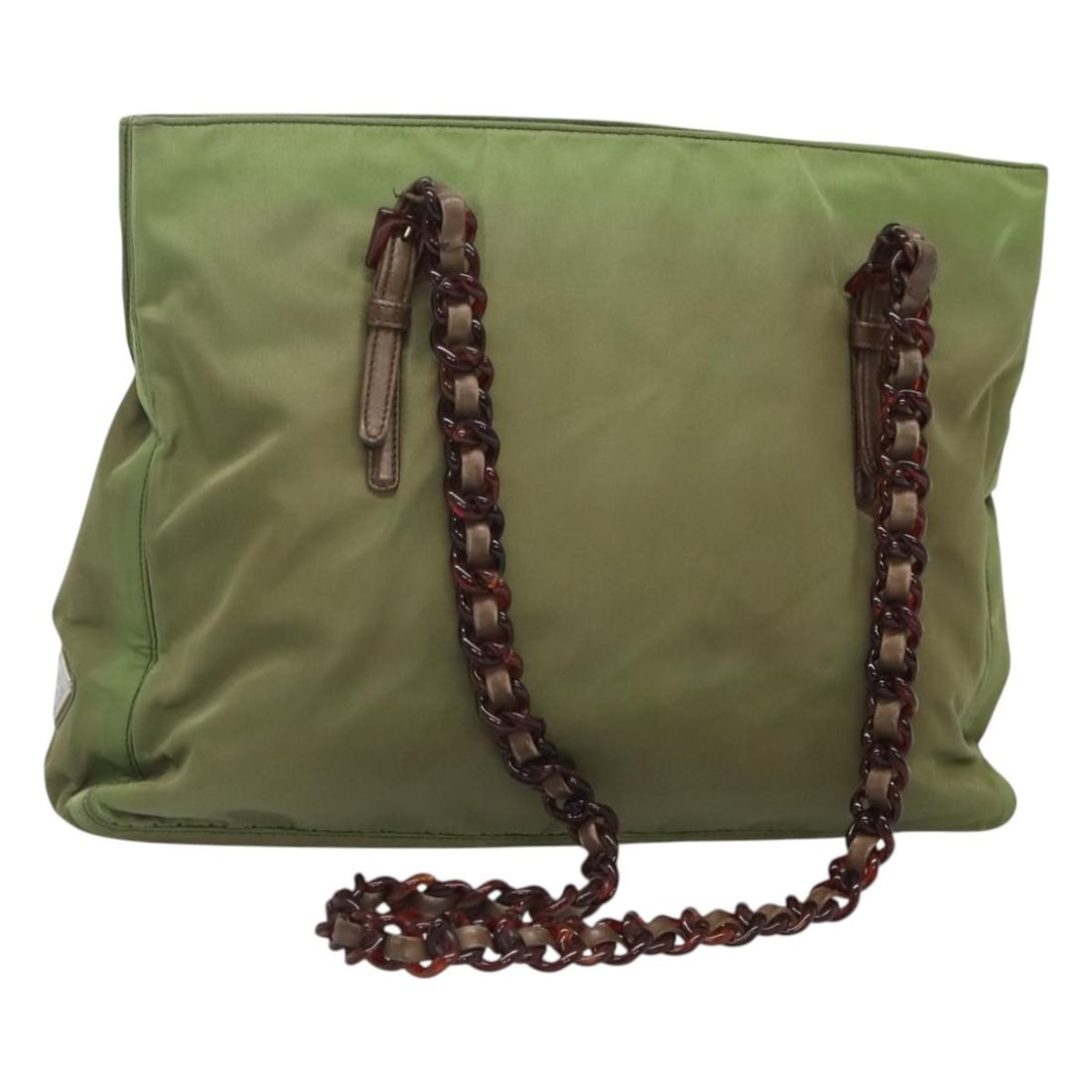 PRADA Khaki Silver Nylon Shoulder Bag Made in Italy: PRADA Khaki Silver Nylon Shoulder Bag Made in Italy This stylish PRADA Shoulder Bag showcases a chic design in Khaki and Silver, crafted from durable nylon. Measuring approximately 13.4 inches (34 cm)