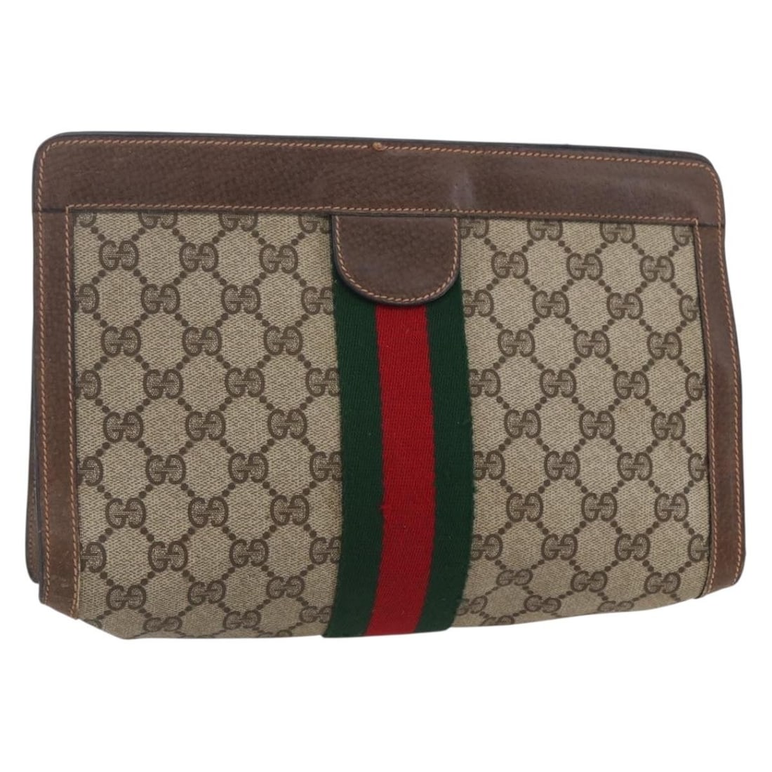 GUCCI GG Supreme Sherry Clutch Bag Beige Red PVC Auth 89 01 002: GUCCI GG Supreme Sherry Clutch Bag Beige Red PVC Auth 89 01 002 Discover the iconic GUCCI GG Supreme Web Sherry Line Clutch Bag, expertly crafted in Italy from durable PVC leather. This stylish clutch