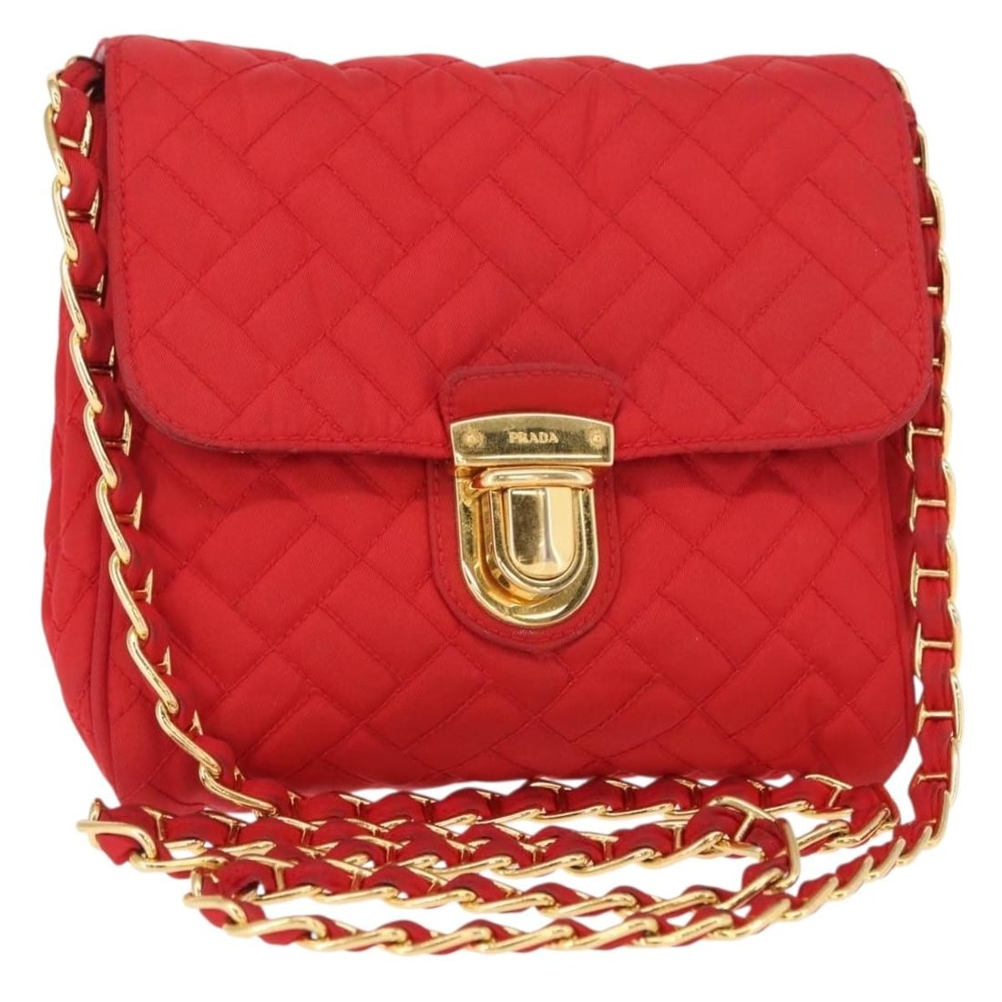 PRADA Red Gold Nylon Chain Shoulder Bag Auth 156490: PRADA Red Gold Nylon Chain Shoulder Bag Auth 156490 This PRADA Chain Shoulder Bag is a stylish accessory crafted from durable nylon, featuring a vibrant red and gold color combination. It measures app
