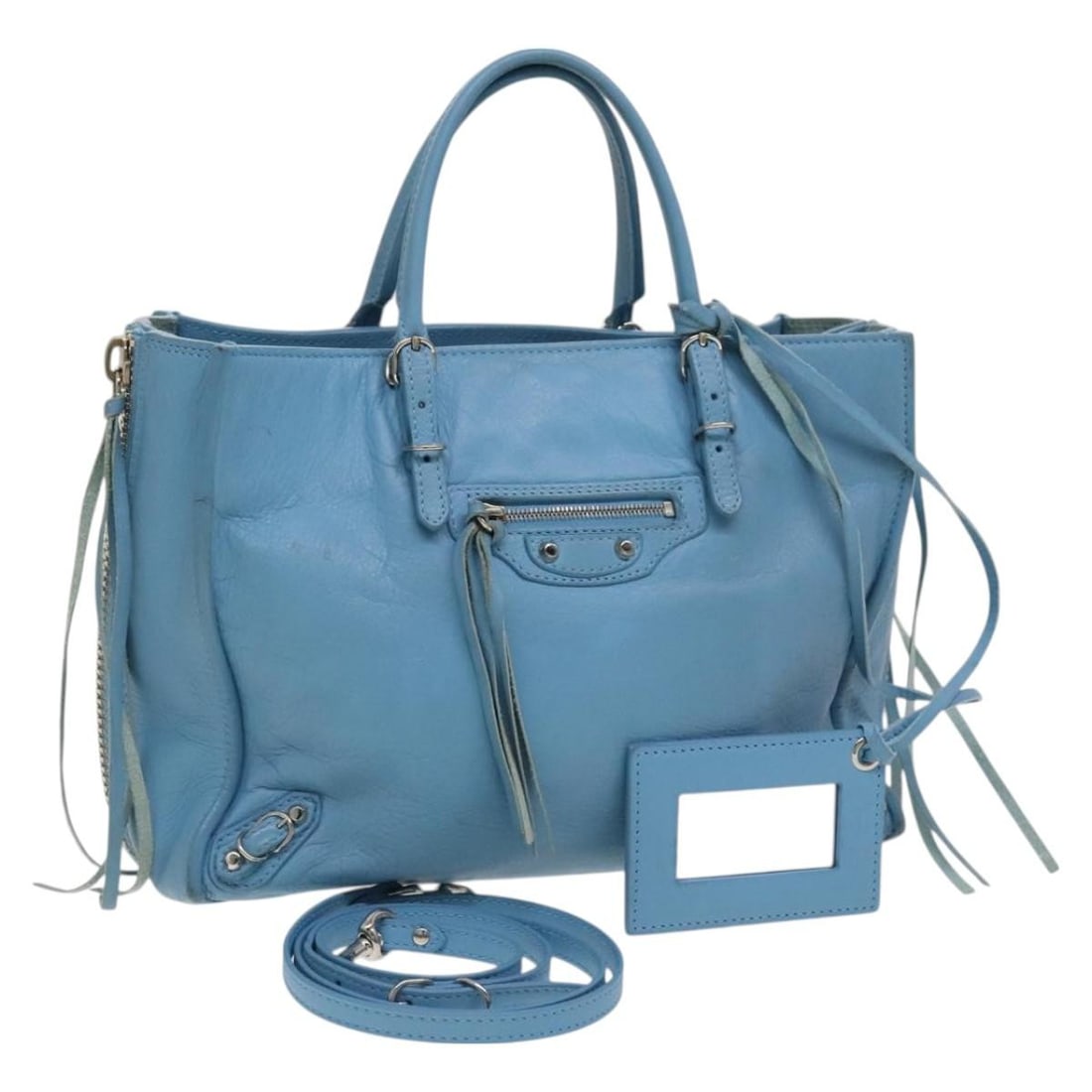 BALENCIAGA The Paper Leather Hand Bag Light Blue Silver 370926 Auth: BALENCIAGA The Paper Leather Hand Bag Light Blue Silver 370926 Auth Introducing the BALENCIAGA The Paper Hand Bag, a stylish accessory crafted in Italy. This elegant hand bag features a light blue ext