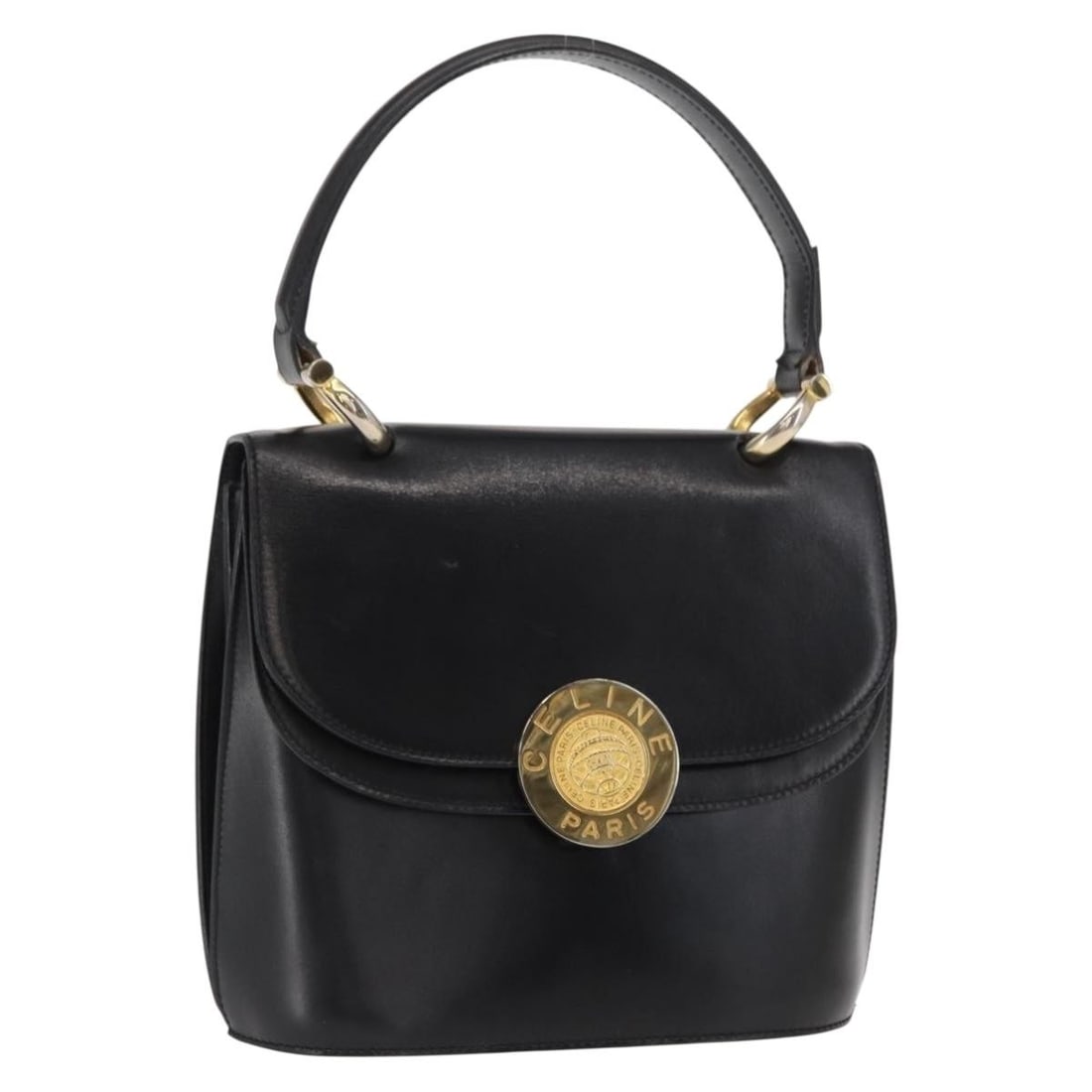 Celine Medallion Black Leather Handbag with Gold Accents Italy: Celine Medallion Black Leather Handbag with Gold Accents Italy This CELINE medallion handbag is crafted from black leather with gold-tone accents. Made in Italy, it features a structured silhouette wi