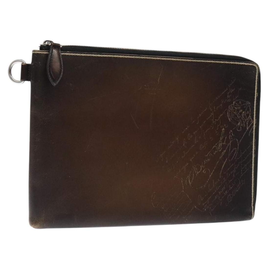 Berluti Calligraphy Clutch Bag Leather Brown Silver Made in Italy (1 of 18)