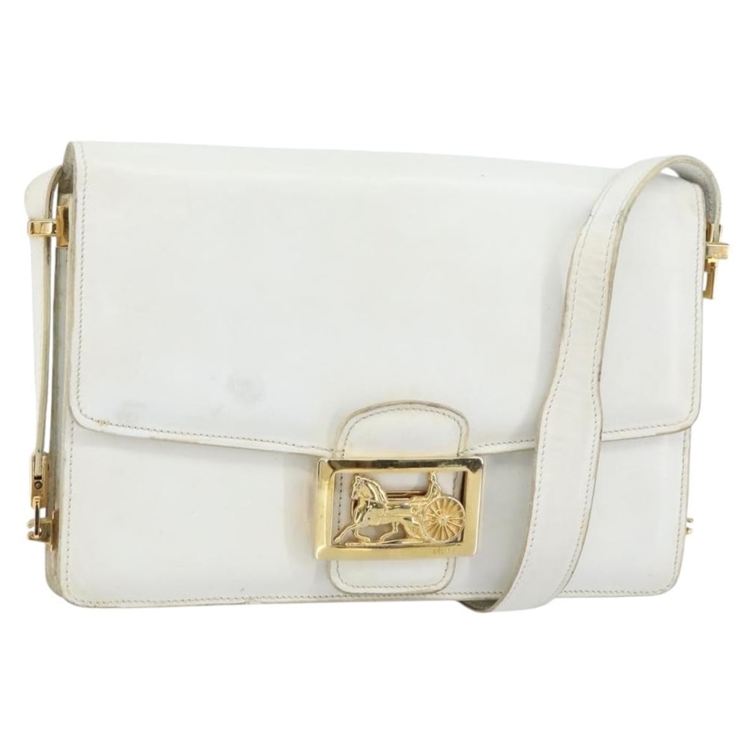 CELINE White Gold Leather Shoulder Bag Auth Italy: CELINE White Gold Leather Shoulder Bag Auth Italy This authentic CELINE Shoulder Bag is a stylish accessory crafted in Italy from high-quality leather. The bag features a chic combination of white and