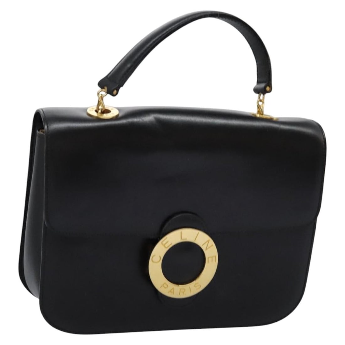 CELINE Black Leather Hand Bag Gold Accents Italy Auth mr1085: CELINE Black Leather Hand Bag Gold Accents Italy Auth mr1085 This authentic CELINE hand bag combines elegance and functionality, crafted from premium leather in a striking black and gold color scheme.