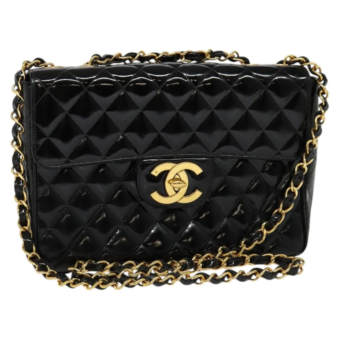 CHANEL Big Matelasse Black Gold Patent Leather Shoulder Bag Auth 126493: CHANEL Big Matelasse Black Gold Patent Leather Shoulder Bag Auth 126493 Elevate your style with this CHANEL Big Matelasse Chain Shoulder Bag, expertly crafted from luxurious patent leather in a striki