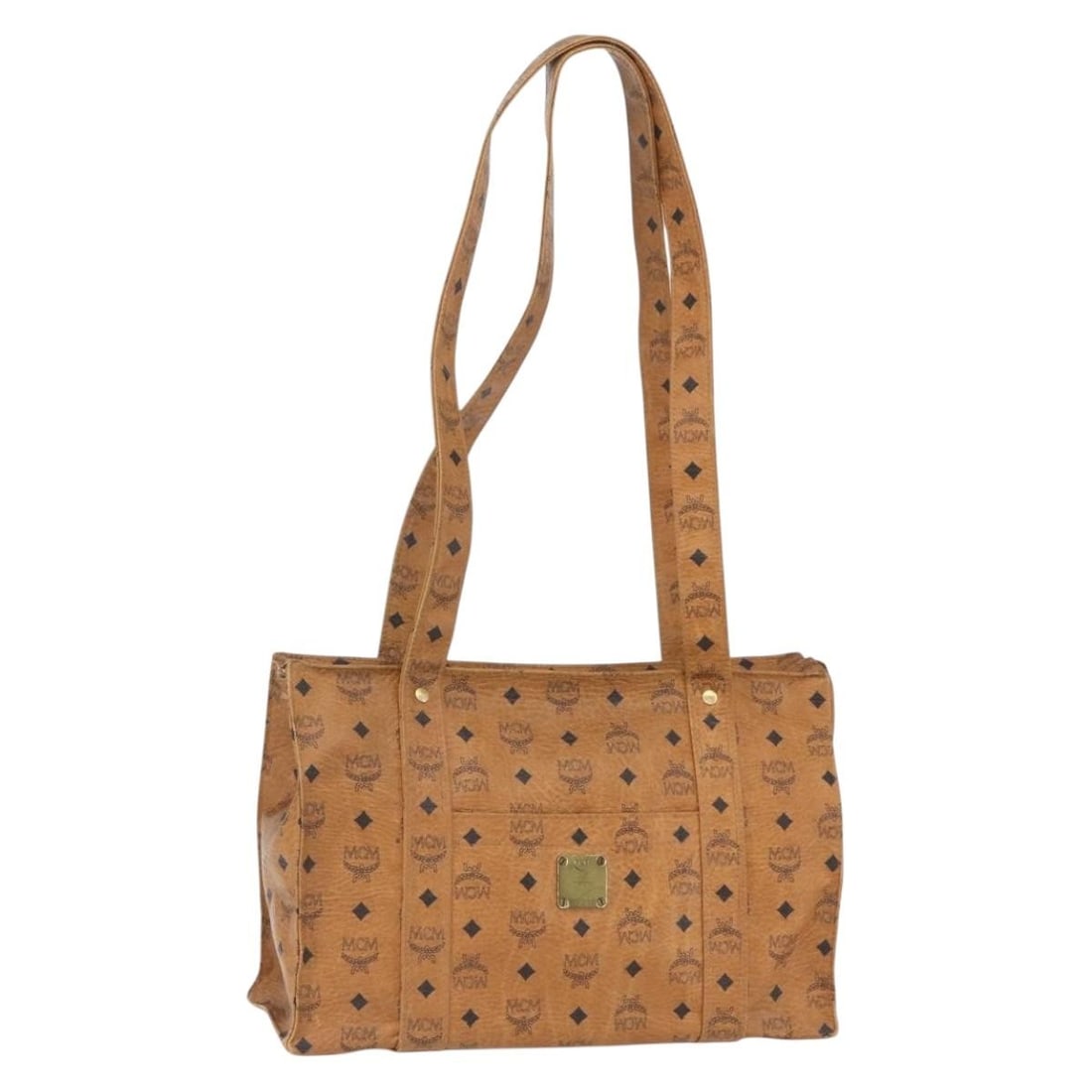 MCM Vicetos Brown PVC Tote Bag with Gold Accents: MCM Vicetos Brown PVC Tote Bag with Gold Accents This MCM Logogram Vicetos tote bag features a brown and gold design crafted from PVC leather. The tote includes dual handles with a generous drop, maki