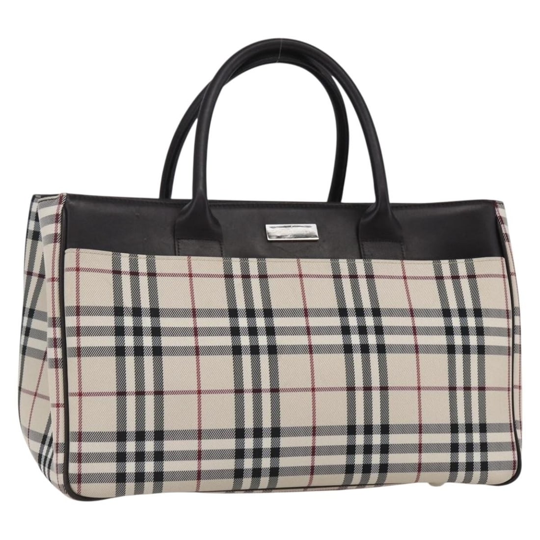 BURBERRY Nova Check Beige Silver Hand Bag Canvas Authentic: BURBERRY Nova Check Beige Silver Hand Bag Canvas Authentic This BURBERRY Nova Check Hand Bag combines classic style with practicality. Crafted from durable canvas in a sophisticated beige and silver c