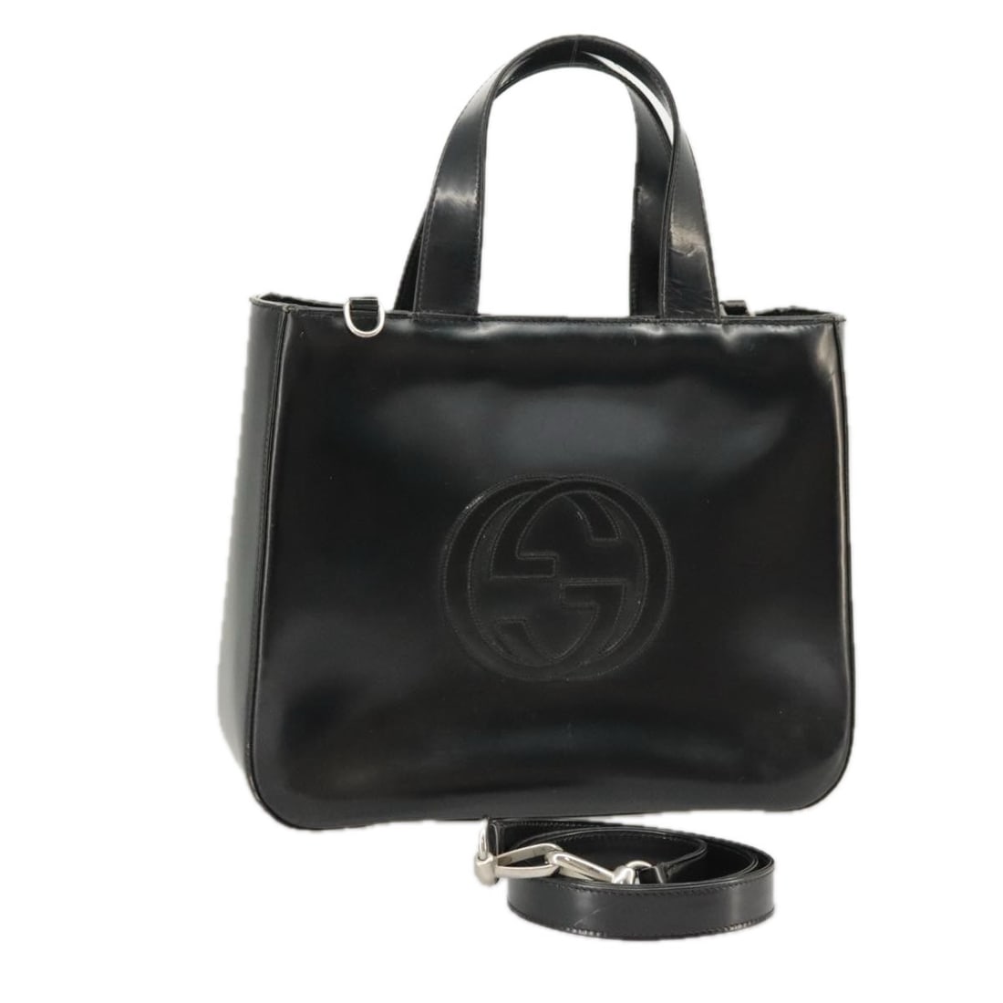 GUCCI Enamel 2way Hand Bag Black Silver 000 2058 0504 5 Authentic: GUCCI Enamel 2way Hand Bag Black Silver 000 2058 0504 5 Authentic This authentic GUCCI hand bag showcases an elegant design crafted from high-quality enamel. It features a striking black and silver ex