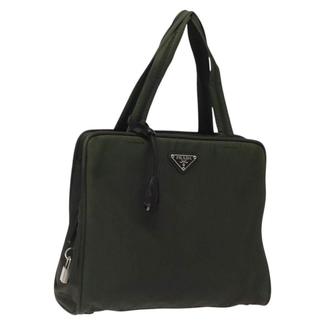 PRADA Khaki Silver Nylon Hand Bag Auth ar13534 Italy: PRADA Khaki Silver Nylon Hand Bag Auth ar13534 Italy This authentic PRADA hand bag is crafted from durable nylon, featuring a stylish khaki and silver color scheme. The bag measures approximately 11.0