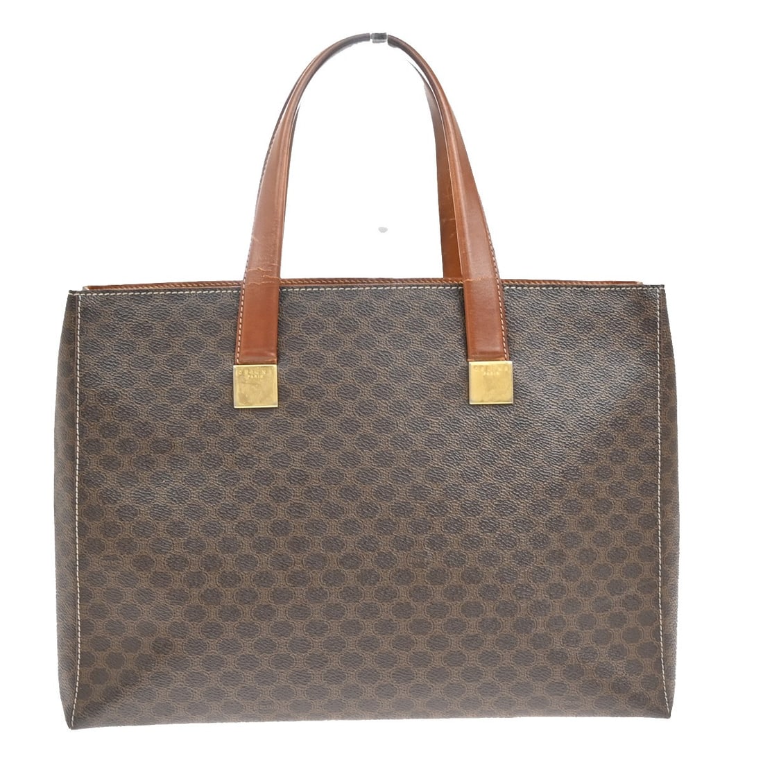 Vintage Celine Macadam Tote Bag with Brown Pattern and Gold Plated Details: Vintage Celine Macadam Tote Bag with Brown Pattern and Gold Plated Details This pre-owned Celine Vintage Macadam handbag features a classic brown design with gold-plated details. The bag shows signifi