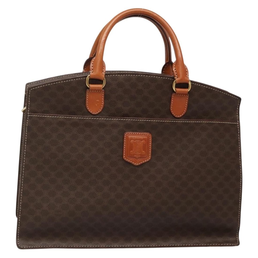 CELINE Macadam Canvas Hand Bag PVC Leather Brown Gold Made in Italy: CELINE Macadam Canvas Hand Bag PVC Leather Brown Gold Made in Italy The CELINE Macadam Canvas Hand Bag is a luxurious accessory crafted in Italy, featuring a stylish combination of brown and gold tone