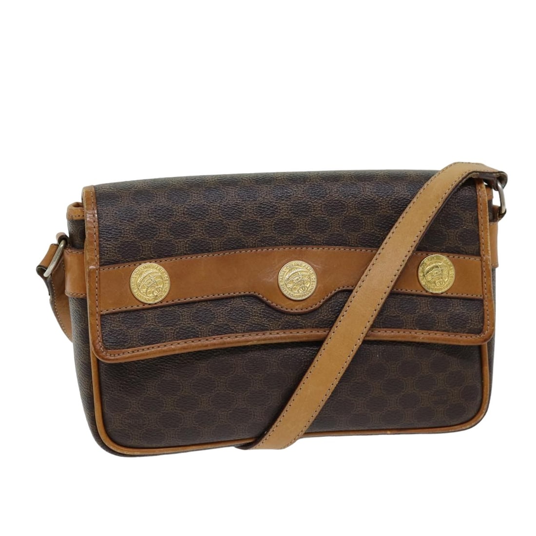 CELINE Brown PVC Macadam Canvas Shoulder Bag Made in Italy: CELINE Brown PVC Macadam Canvas Shoulder Bag Made in Italy This authentic CELINE Macadam Canvas Shoulder Bag is a stylish accessory crafted from durable PVC leather, featuring a rich brown exterior. T