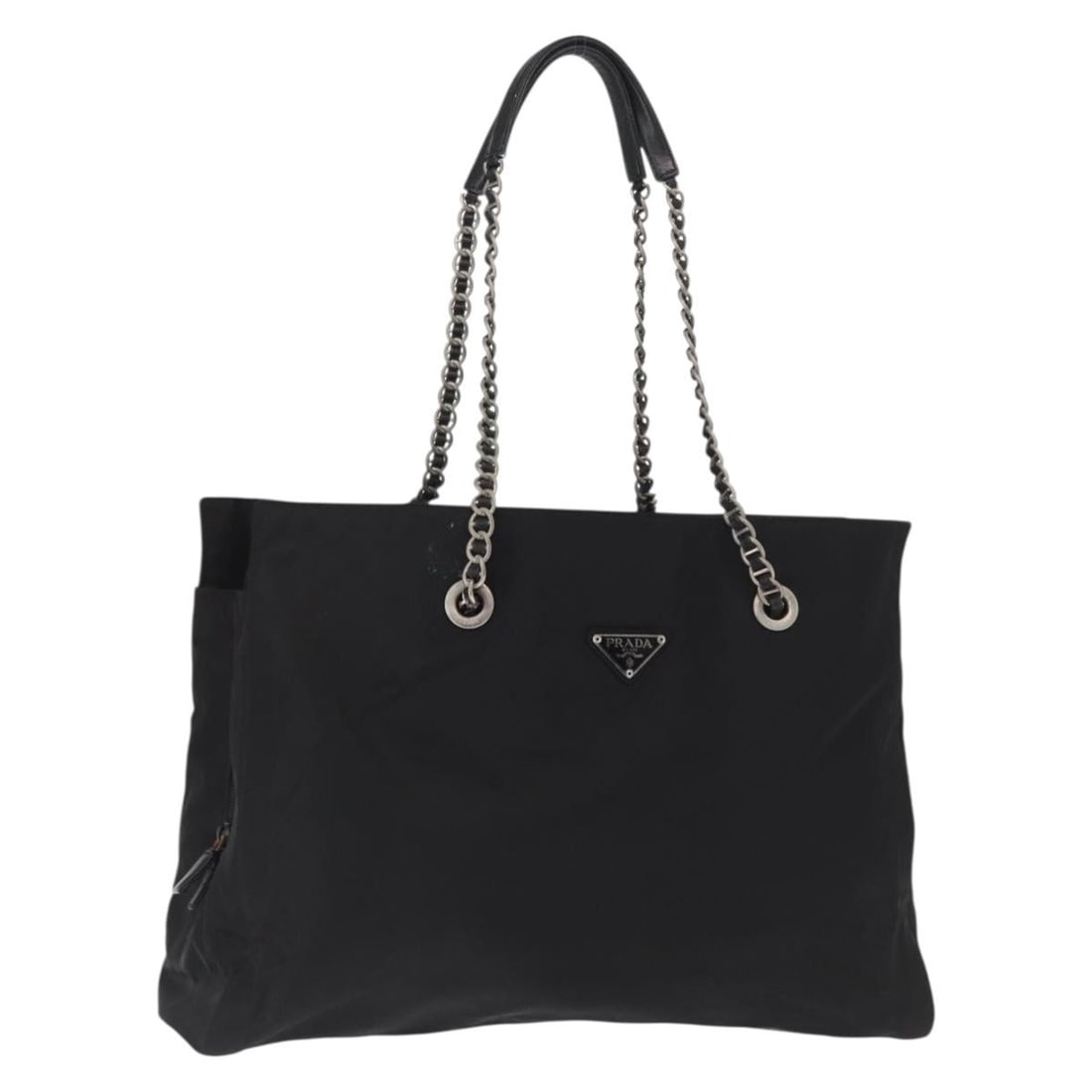 Black Nylon PRADA Shoulder Bag with Silver Tone Chain Strap: Black Nylon PRADA Shoulder Bag with Silver Tone Chain Strap This PRADA chain shoulder bag is crafted from black nylon with silver-tone accents. It features a spacious interior and a chain shoulder str