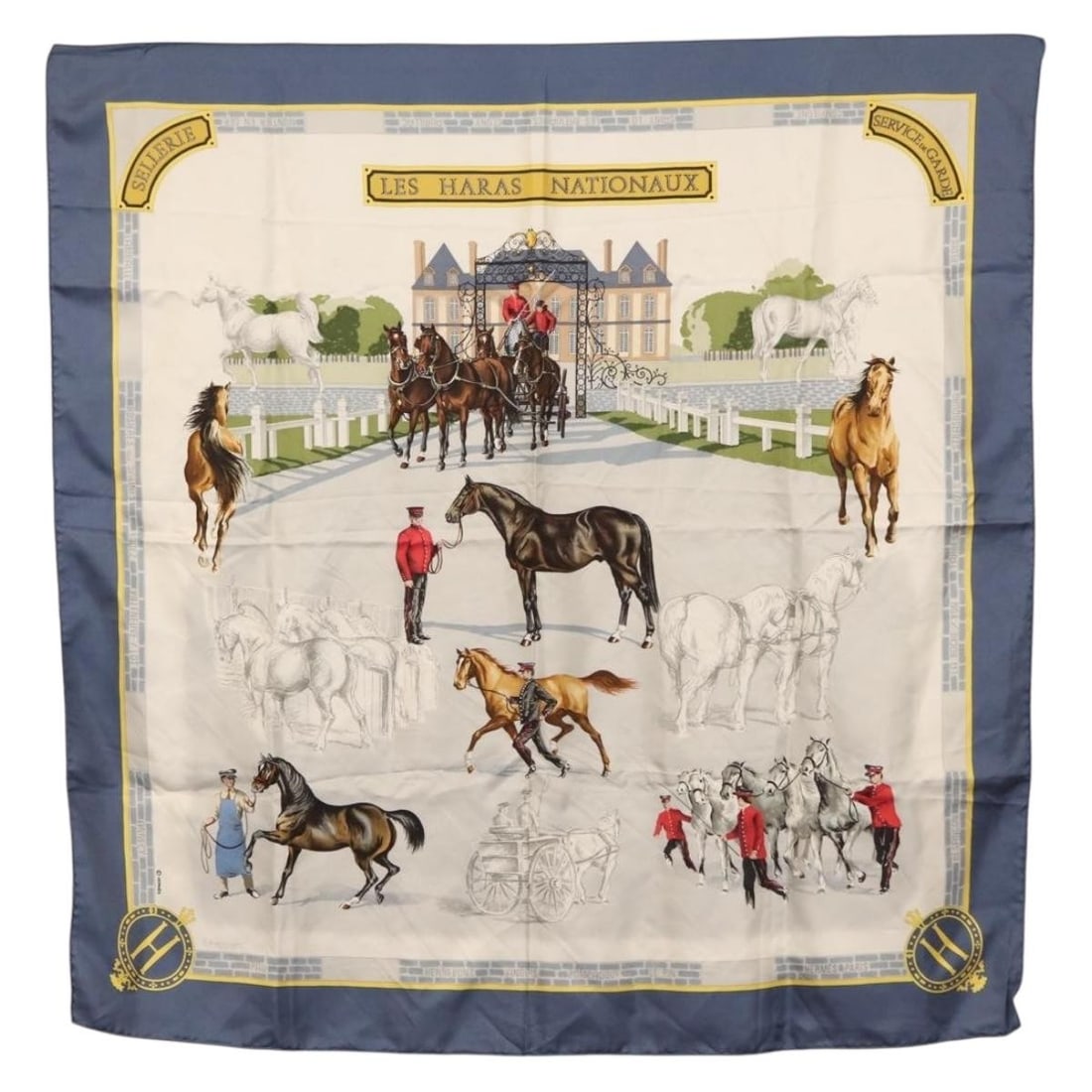 Les Haras Nationaux Silk Scarf in Blue 90cm by Hermes: Les Haras Nationaux Silk Scarf in Blue 90cm by Hermes This Hermes Carre 90 "Les Haras Nationaux" scarf is crafted from high-quality blue silk. Made in France, the scarf measures approximately 90 cm by