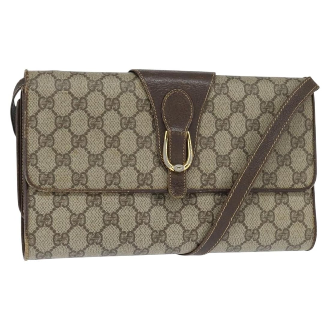 GUCCI GG Supreme Beige Gold Shoulder Bag PVC Made in Italy: GUCCI GG Supreme Beige Gold Shoulder Bag PVC Made in Italy This authentic GUCCI GG Supreme Shoulder Bag is crafted in Italy from durable PVC leather, showcasing a sophisticated beige and gold color sc