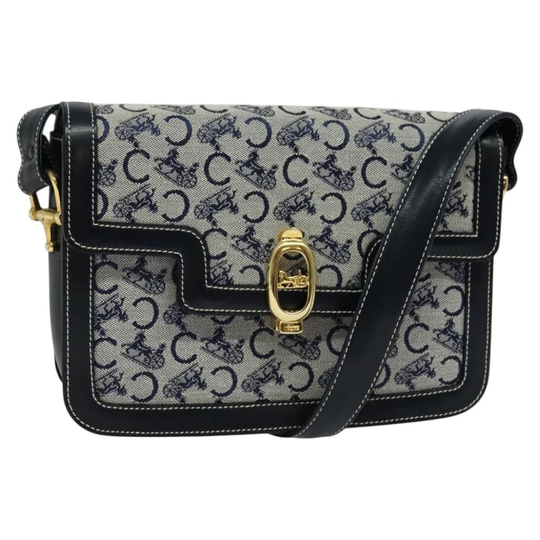 CELINE C Sulky Navy Gold Canvas Shoulder Bag Italy Auth: CELINE C Sulky Navy Gold Canvas Shoulder Bag Italy Auth This Celine C Sulky Shoulder Bag is an elegant accessory crafted from durable canvas in a striking navy and gold color combination. Designed for
