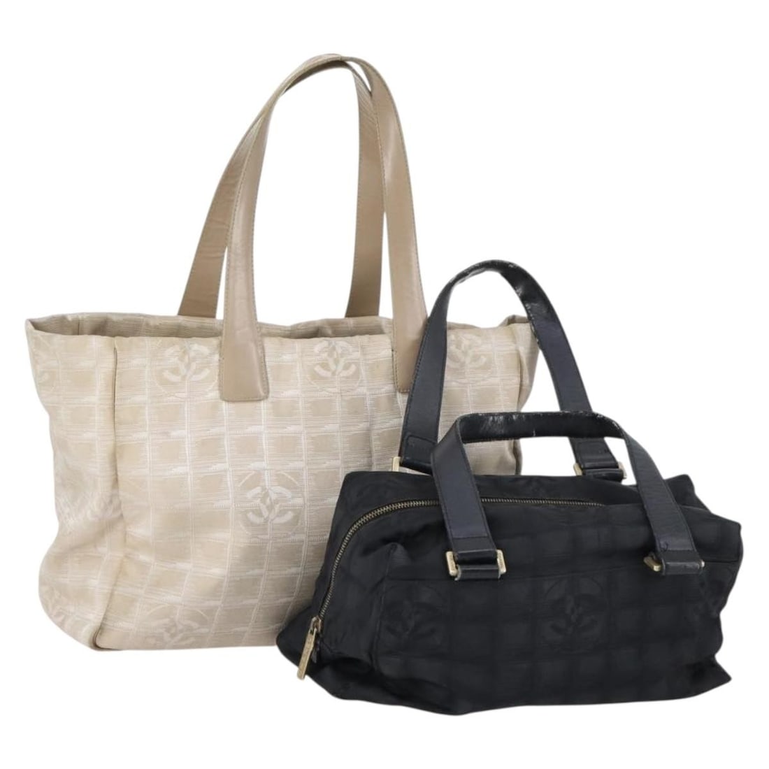 CHANEL New Travel Line Tote Bag Nylon Black Beige 2 Set Authentic (1 of 17)