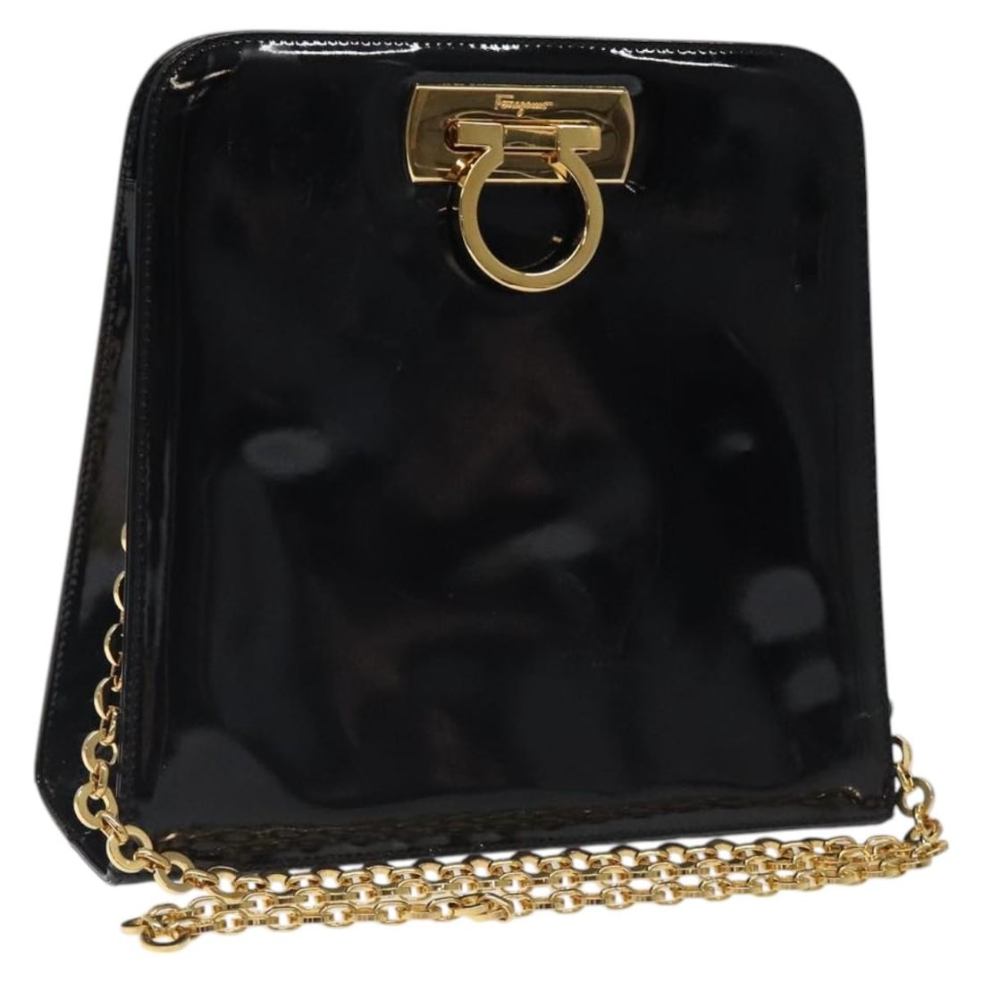 Salvatore Ferragamo Gancini Chain Enamel Shoulder Bag Black Gold Auth (1 of 18)