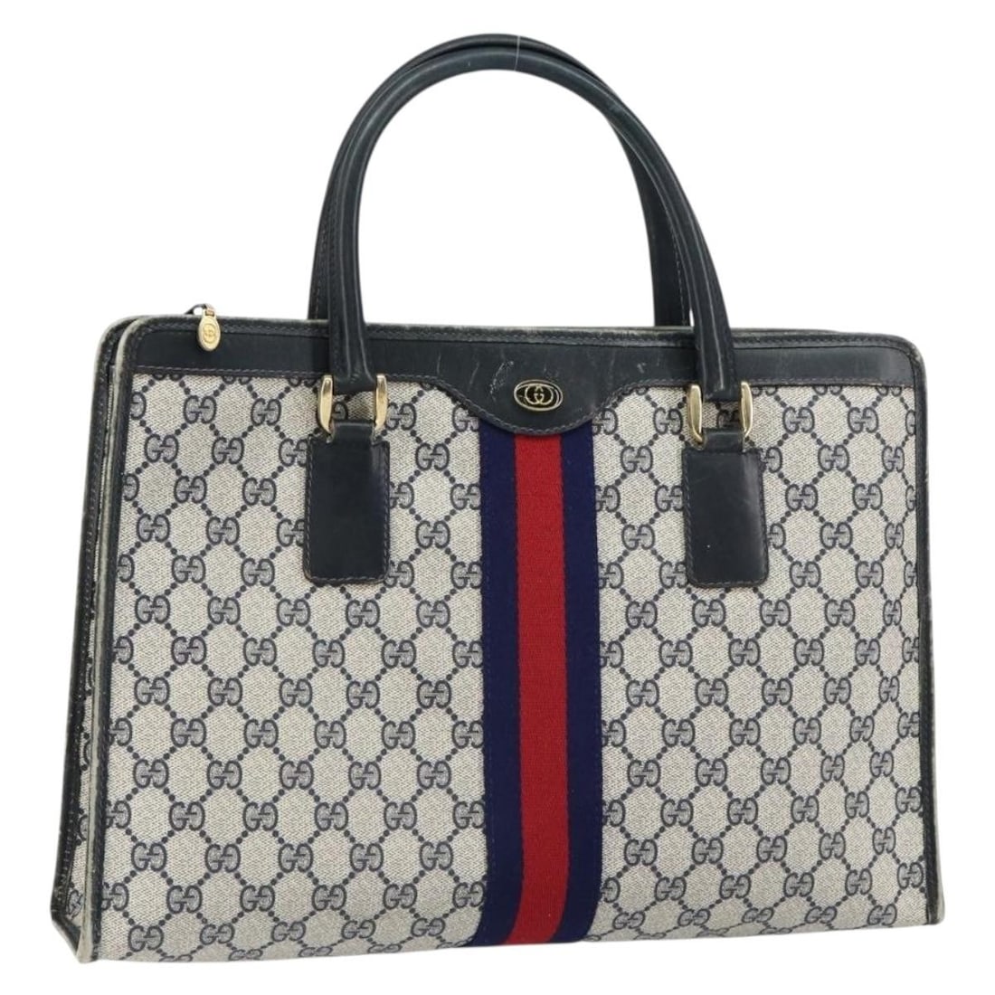GUCCI GG Supreme Sherry Hand Bag PVC Navy Gold Authentic 153814: GUCCI GG Supreme Sherry Hand Bag PVC Navy Gold Authentic 153814 Elevate your style with this GUCCI GG Supreme Sherry Line Hand Bag, exquisitely crafted in Italy. This hand bag features a luxurious com