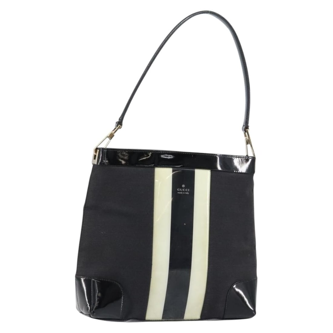 GUCCI 001 4231 Black Gold Enamel Shoulder Bag Auth Italy: GUCCI 001 4231 Black Gold Enamel Shoulder Bag Auth Italy This stylish GUCCI shoulder bag showcases a sophisticated blend of enamel canvas in a striking black and gold color scheme. Crafted in Italy, i