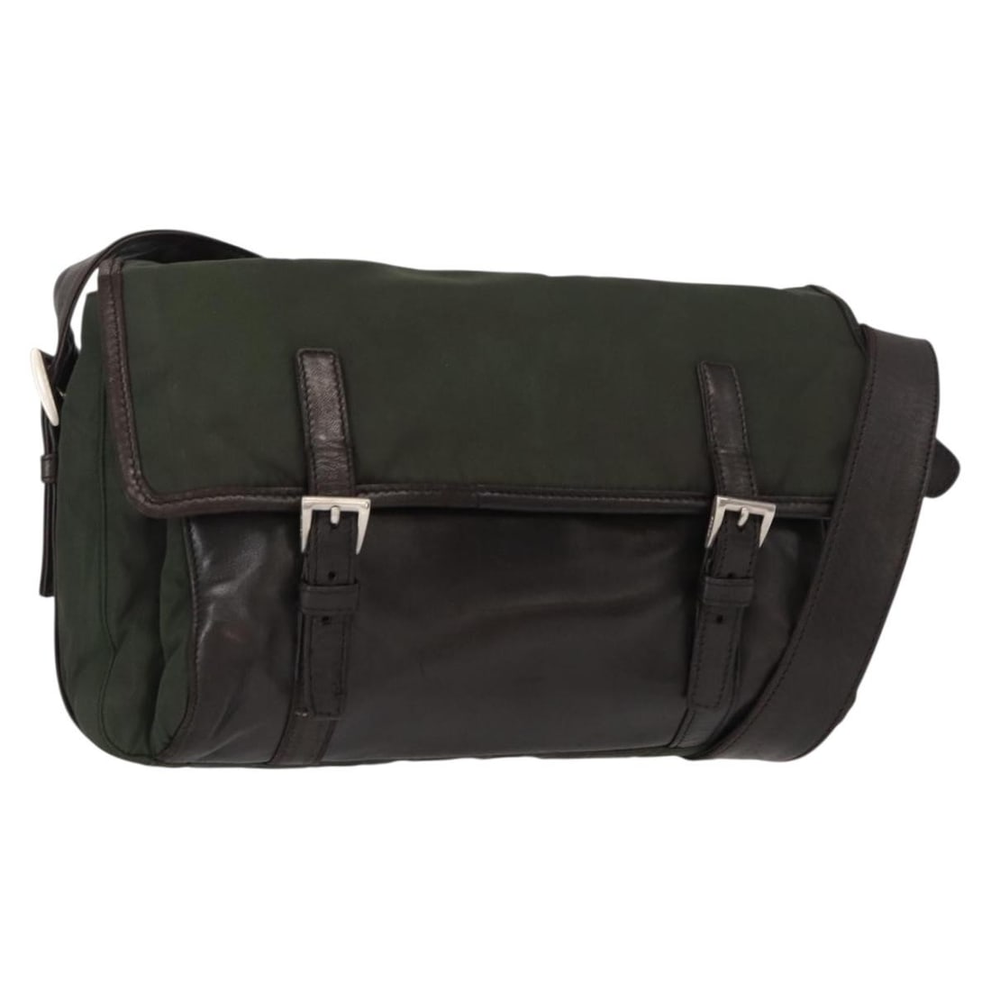 PRADA Khaki Silver Nylon Shoulder Bag Italy Auth bs31146: PRADA Khaki Silver Nylon Shoulder Bag Italy Auth bs31146 This PRADA shoulder bag combines style and functionality with its durable nylon exterior in a sophisticated khaki and silver color scheme. Made