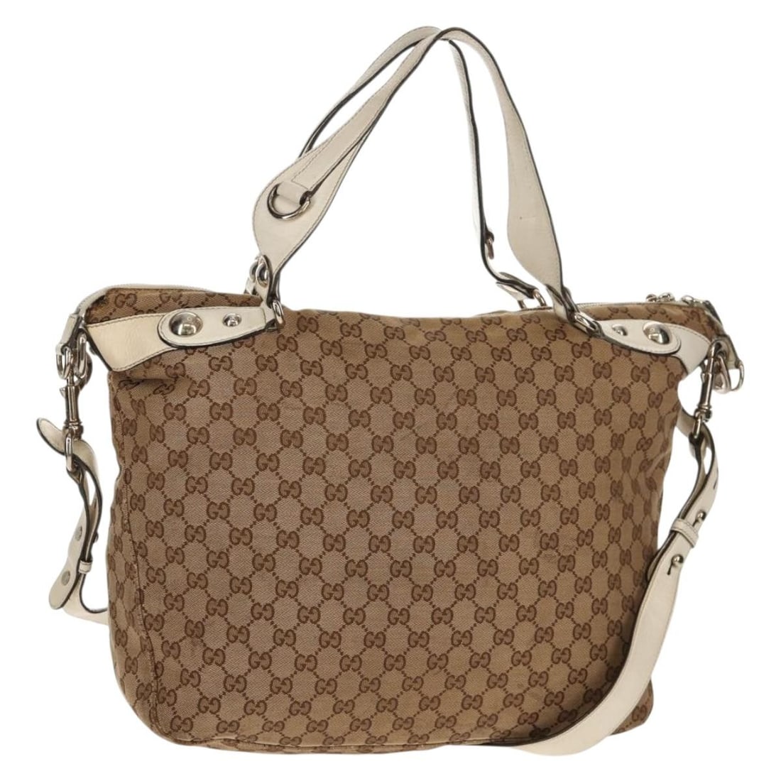 GUCCI GG Canvas Horsebit Tote Bag Beige Gold 232949 Authentic: GUCCI GG Canvas Horsebit Tote Bag Beige Gold 232949 Authentic This authentic Gucci GG Canvas Horsebit Tote Bag is a stylish accessory crafted in Italy. Featuring a chic beige and gold color combinatio