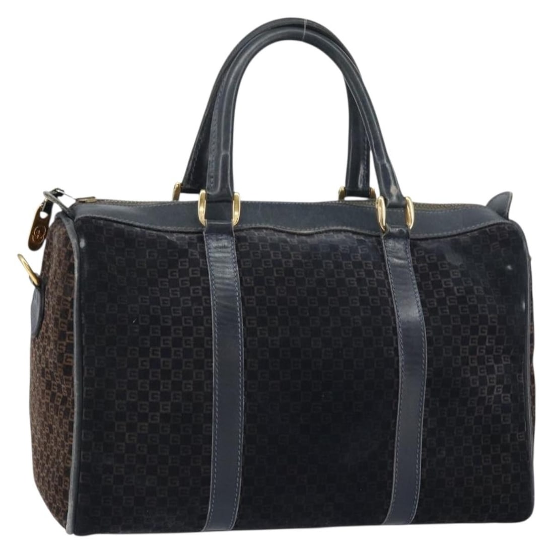 GUCCI Boston Bag Navy Leather Gold Authentic 158468: GUCCI Boston Bag Navy Leather Gold Authentic 158468 This authentic GUCCI Boston Bag is a stylish accessory crafted in Italy, featuring a luxurious navy suede exterior accented with gold details. Desig