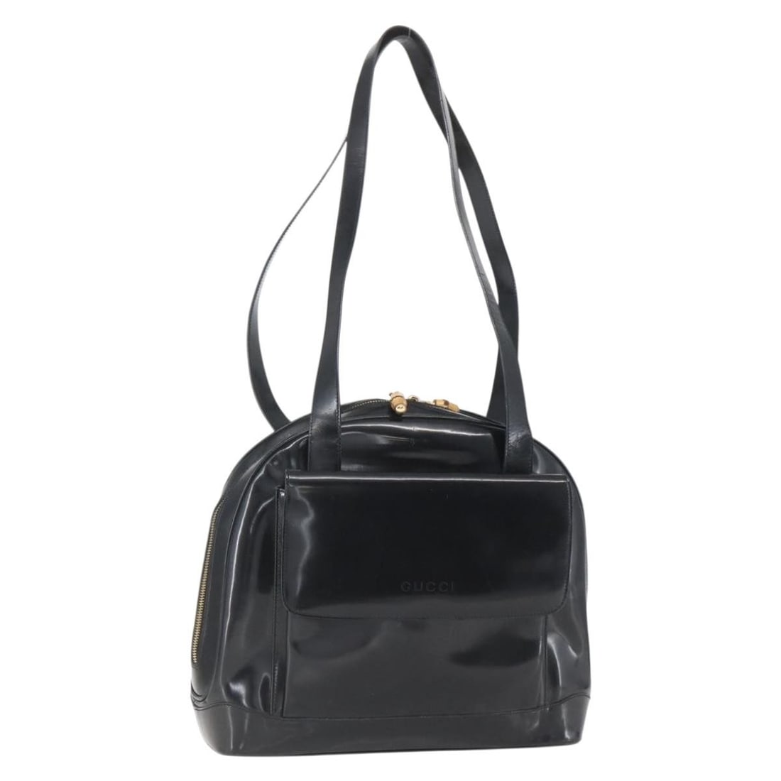 GUCCI Bamboo Black Gold Patent Leather Shoulder Bag 001 2214 1649 Auth: GUCCI Bamboo Black Gold Patent Leather Shoulder Bag 001 2214 1649 Auth This authentic GUCCI Bamboo Shoulder Bag showcases a striking combination of black and gold patent leather, making it a stylish a