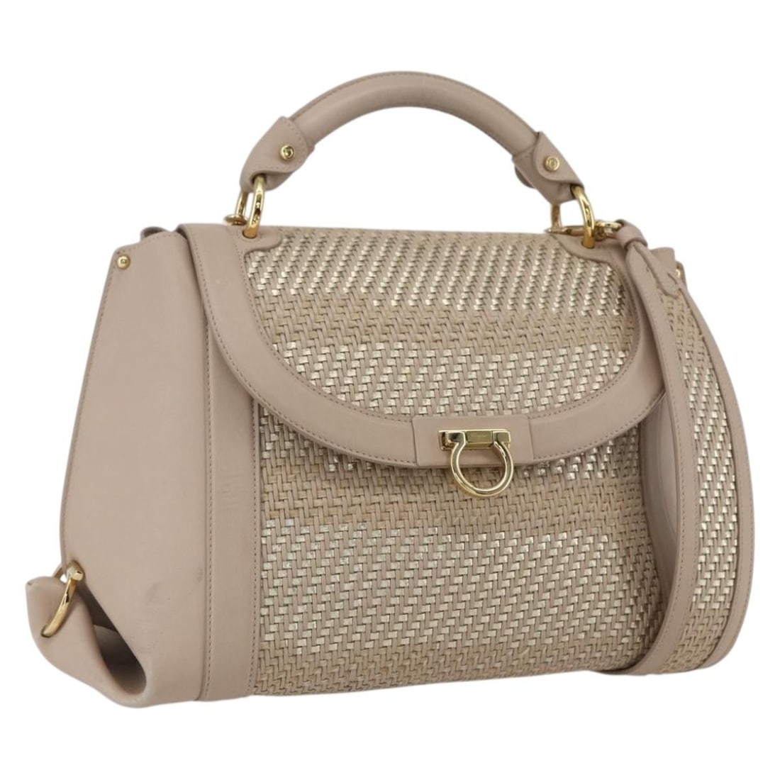Beige Leather Gancini 2way Bag by Salvatore Ferragamo with Gold Accents: Beige Leather Gancini 2way Bag by Salvatore Ferragamo with Gold Accents This Salvatore Ferragamo Gancini handbag is crafted from beige leather with gold-tone accents and offers both hand and shoulder