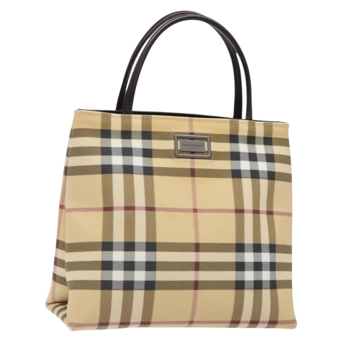 Burberry Nova Check Beige Silver Hand Bag PVC Auth 135389: Burberry Nova Check Beige Silver Hand Bag PVC Auth 135389 This BURBERRY Nova Check Hand Bag features a stylish beige and silver design, crafted from durable PVC leather. The bag dimensions are approxi