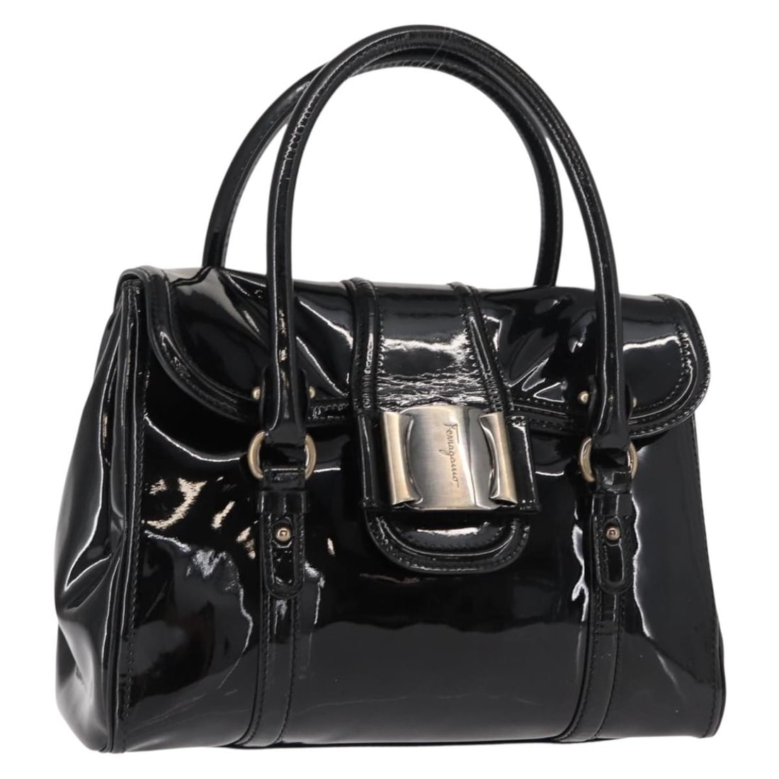 Salvatore Ferragamo Vala Black Gold Enamel Hand Bag Auth BA7339: Salvatore Ferragamo Vala Black Gold Enamel Hand Bag Auth BA7339 This authentic Salvatore Ferragamo Vala Hand Bag is a stylish accessory from Italy, crafted from high-quality enamel in a striking black
