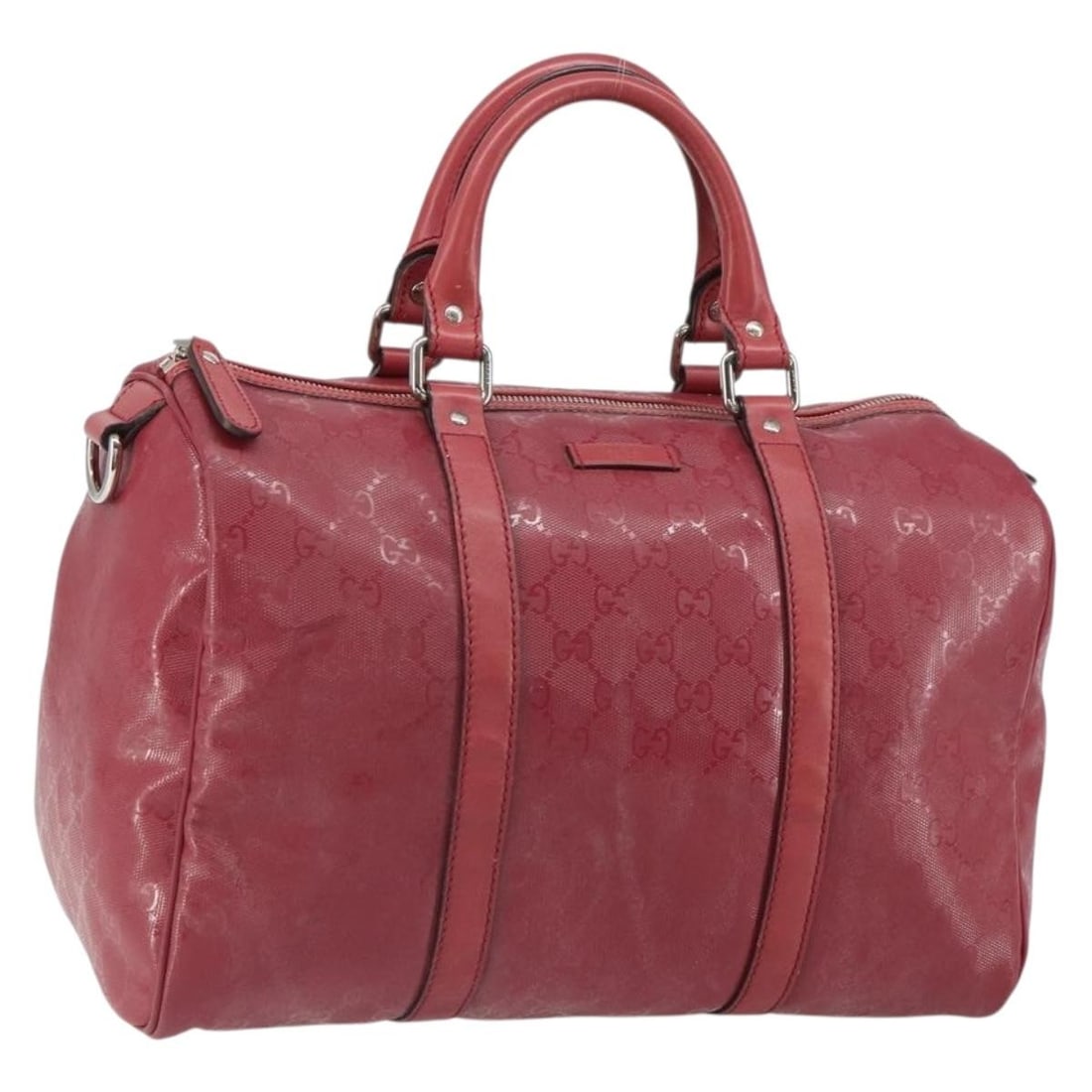 Gucci 193603 Pink Silver GG Canvas Boston Bag PVC Leather Italy: Gucci 193603 Pink Silver GG Canvas Boston Bag PVC Leather Italy This is a Gucci Boston bag crafted from pink and silver PVC leather with GG canvas detailing. Made in Italy, it features dual top handle