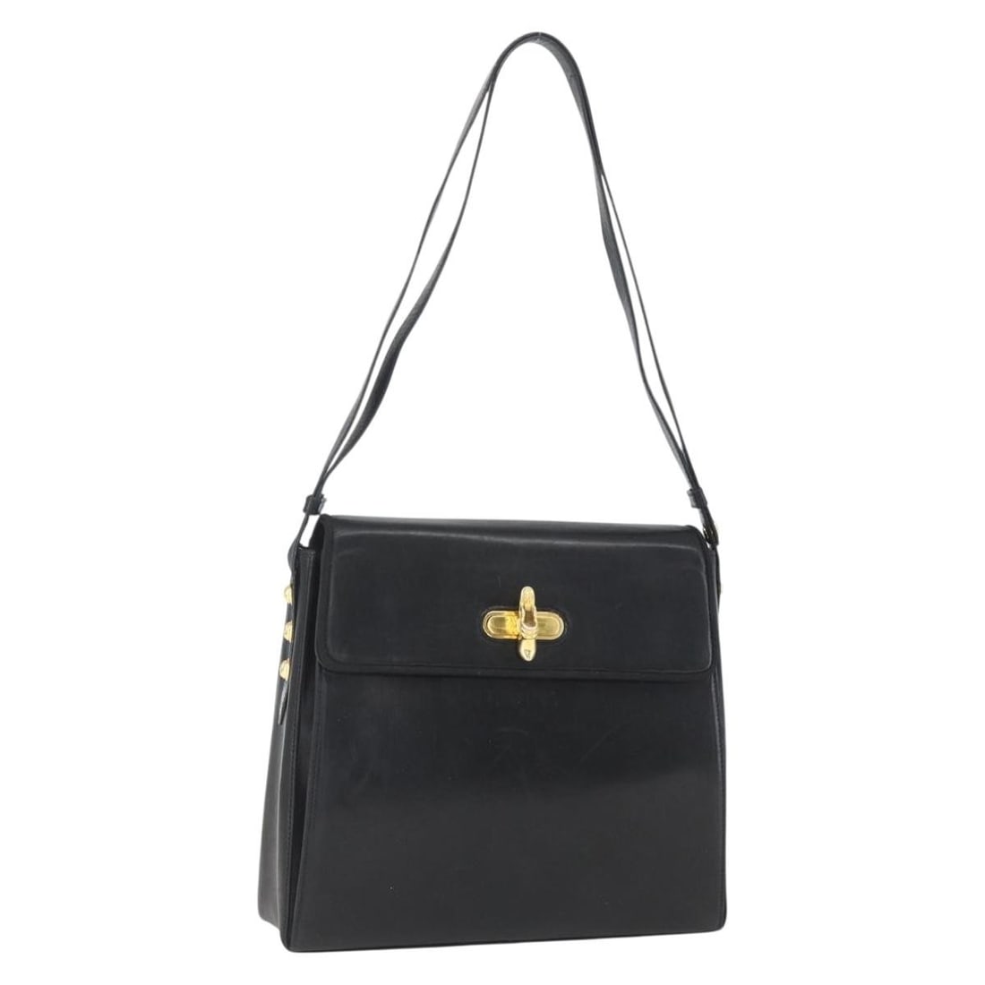 Salvatore Ferragamo Black Gold Leather Shoulder Bag Auth BR211690: Salvatore Ferragamo Black Gold Leather Shoulder Bag Auth BR211690 This Salvatore Ferragamo shoulder bag showcases a sophisticated blend of black leather accented with gold details, embodying both eleg