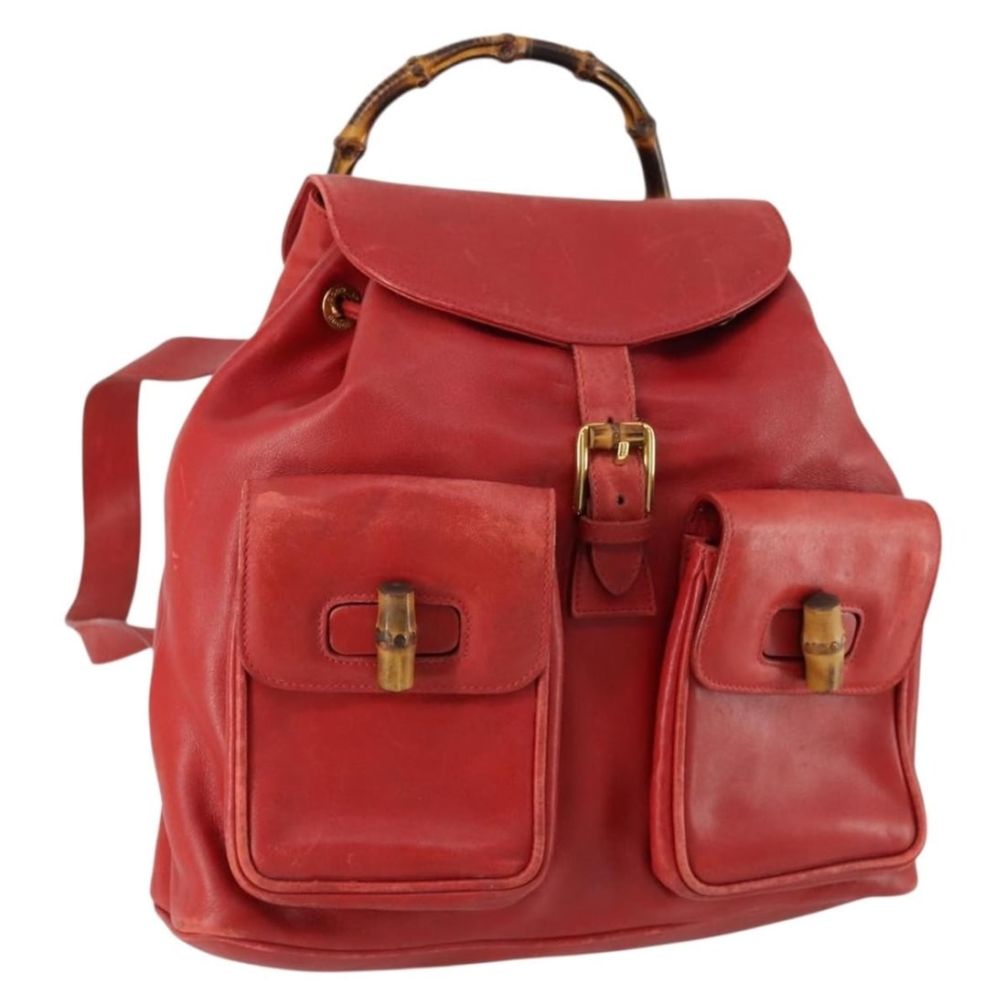 Red Leather Bamboo Backpack by Gucci 003 2058 0016 Italy: Red Leather Bamboo Backpack by Gucci 003 2058 0016 Italy This Gucci bamboo backpack features red leather with gold-tone accents. Made in Italy, it has a structured silhouette with dimensions approxima
