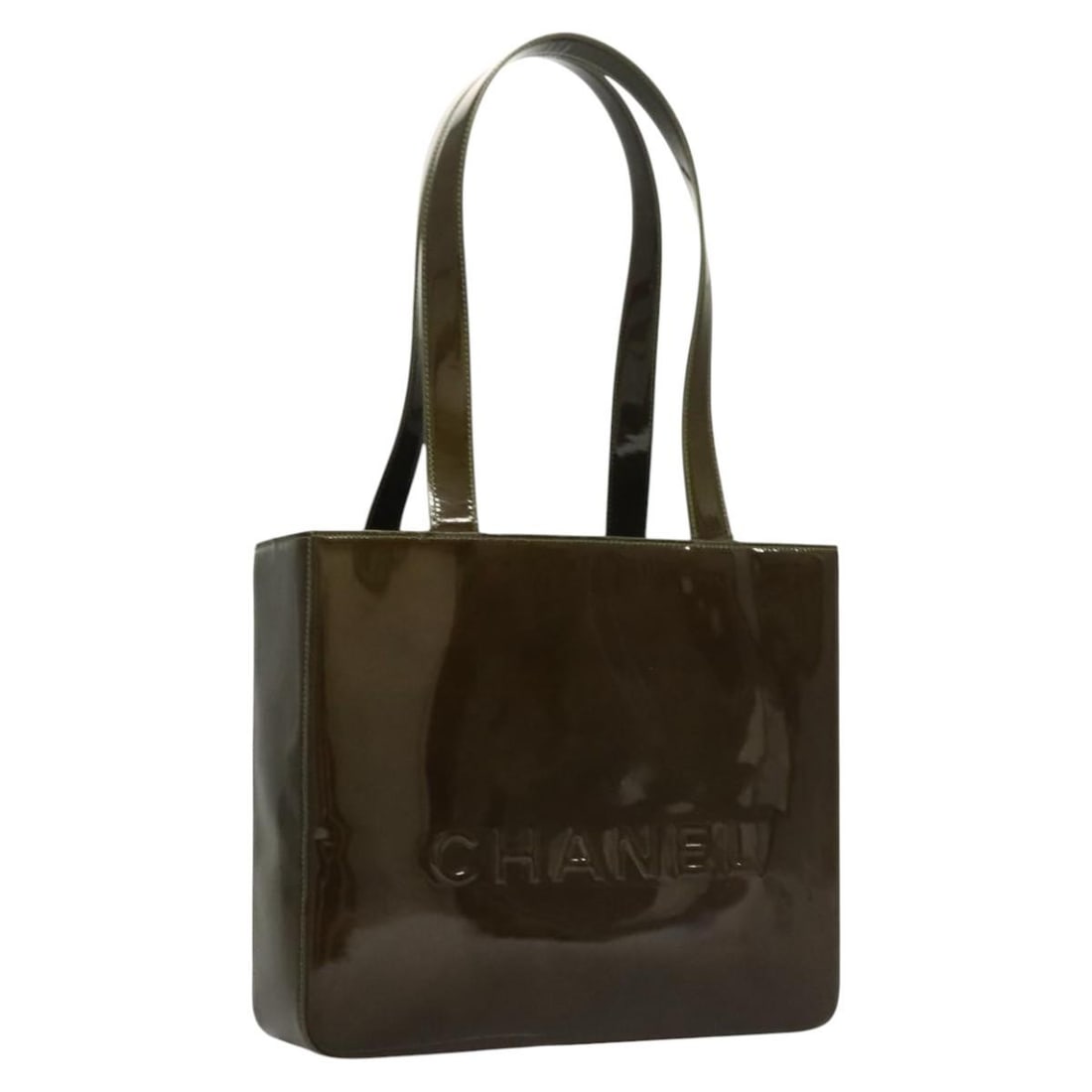 CHANEL Khaki Enamel Hand Bag France Authentic: CHANEL Khaki Enamel Hand Bag France Authentic This CHANEL Hand Bag is a stylish accessory crafted from durable enamel in a fashionable khaki color. With a height of approximately 8.3 inches (21 cm), a