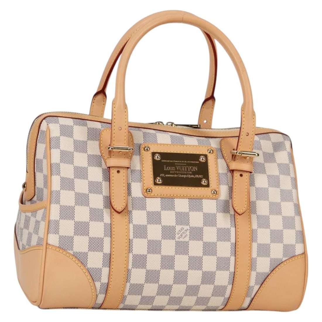 Louis Vuitton Damier Azur Berkeley Hand Bag N52001 Authentic: Louis Vuitton Damier Azur Berkeley Hand Bag N52001 Authentic This authentic LOUIS VUITTON Damier Azur Berkeley Hand Bag is a stylish accessory, crafted from Damier Azur Canvas. The exterior features a
