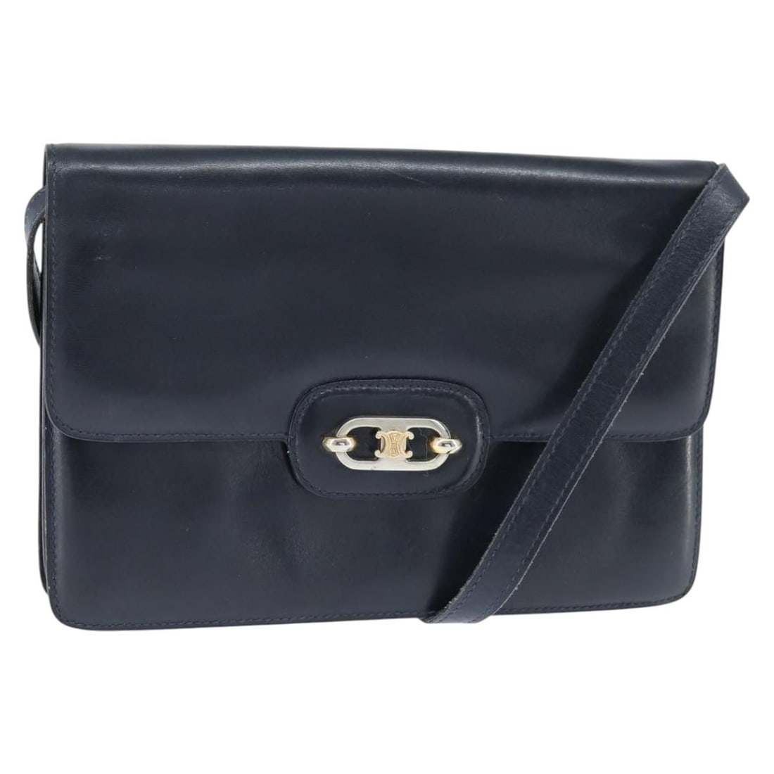 CELINE Navy Leather Shoulder Bag with Gold Accents Auth 149191: CELINE Navy Leather Shoulder Bag with Gold Accents Auth 149191 This authentic CELINE shoulder bag showcases a sophisticated design crafted from high-quality leather in an elegant navy and gold color c