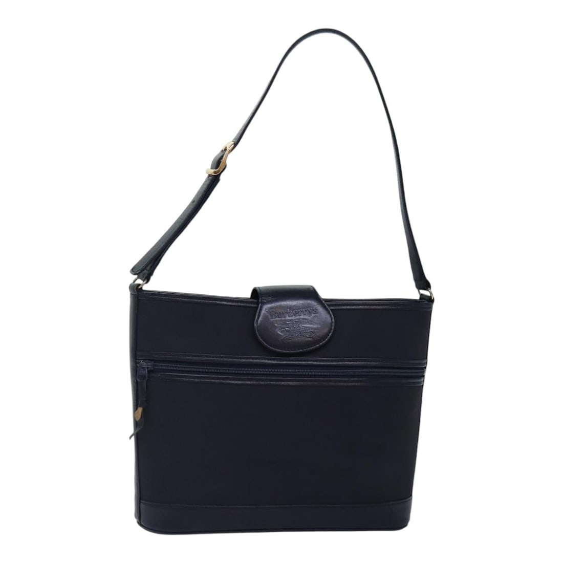 Burberrys Navy Gold Nylon Shoulder Bag with Adjustable Strap: Burberrys Navy Gold Nylon Shoulder Bag with Adjustable Strap This Burberrys shoulder bag combines stylish design with practical functionality. Crafted from durable nylon, it features a striking navy a